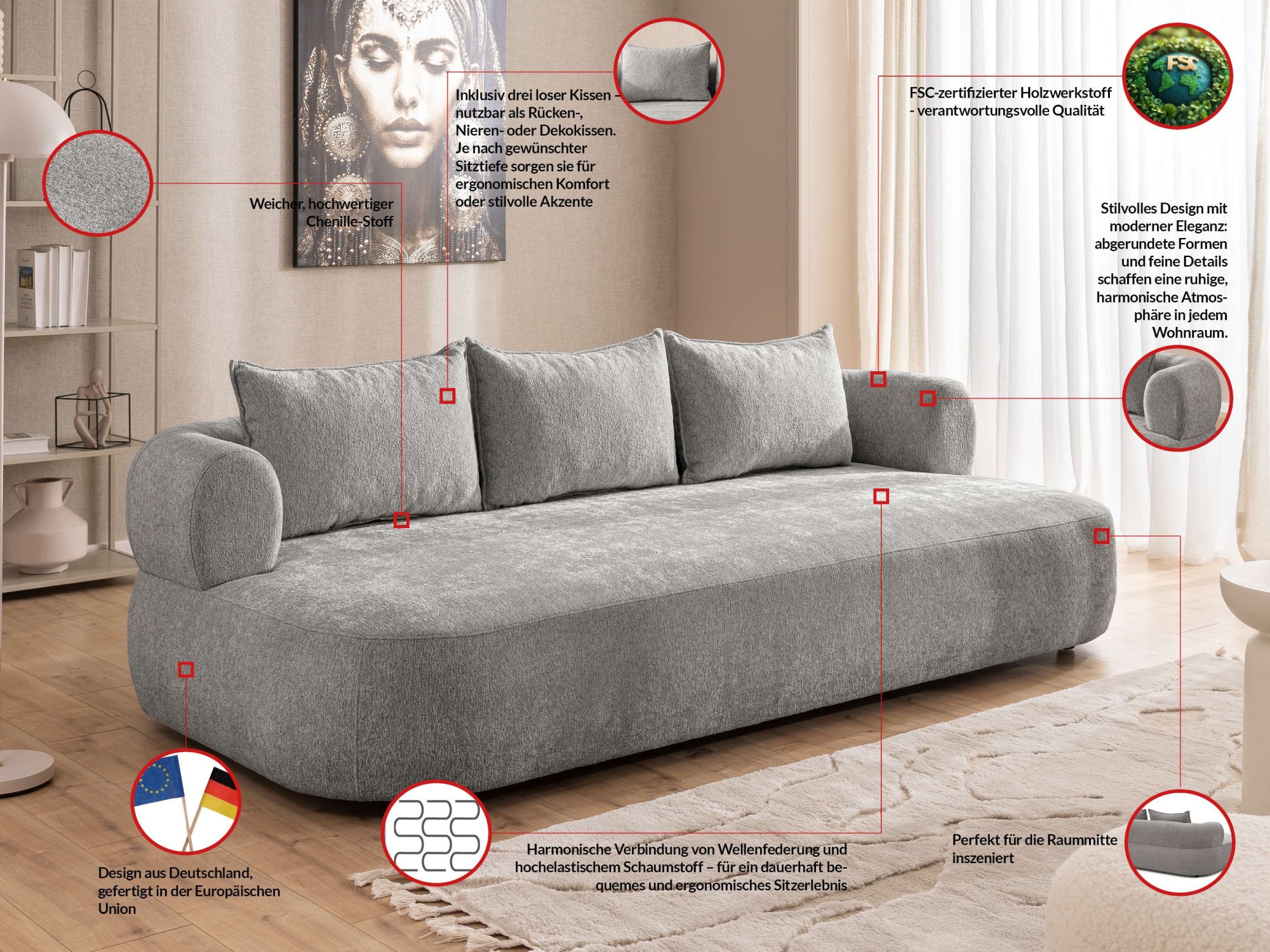 Home affaire Big-Sofa »LUSSAC 4-Sitzer Design-Sofa mit Zierkissen, Maße B/T/H: 242/123/78 cm« hoher Sitzkomfort und modernes Design, Sofa ohne Bettfunktion