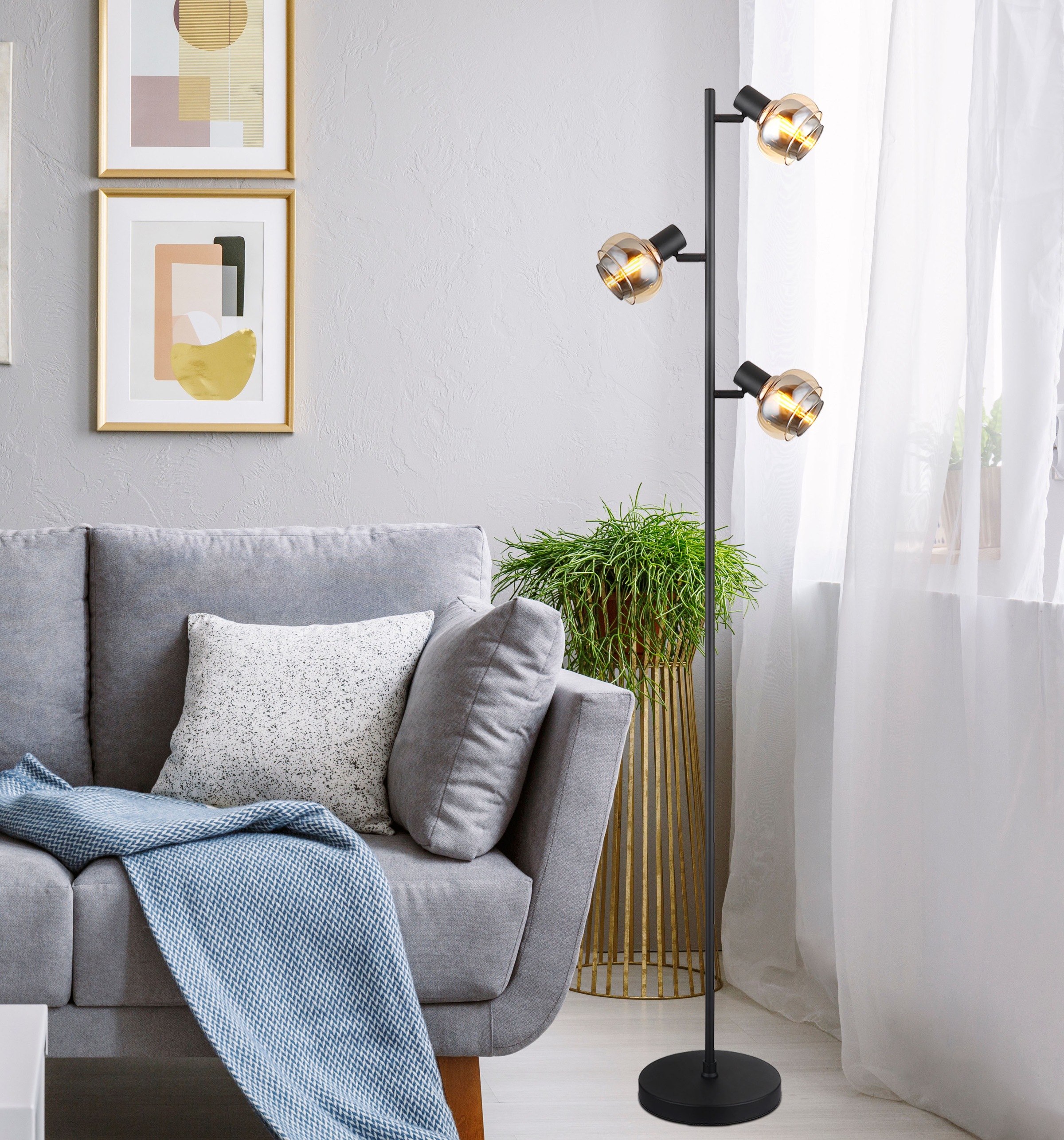 GLOBO LIGHTING Stehlampe »TOKKI« E14 1 Stk. Stehleuchte Schwarz, Glas Amber/Rauch, Fußtrittschalter, E14