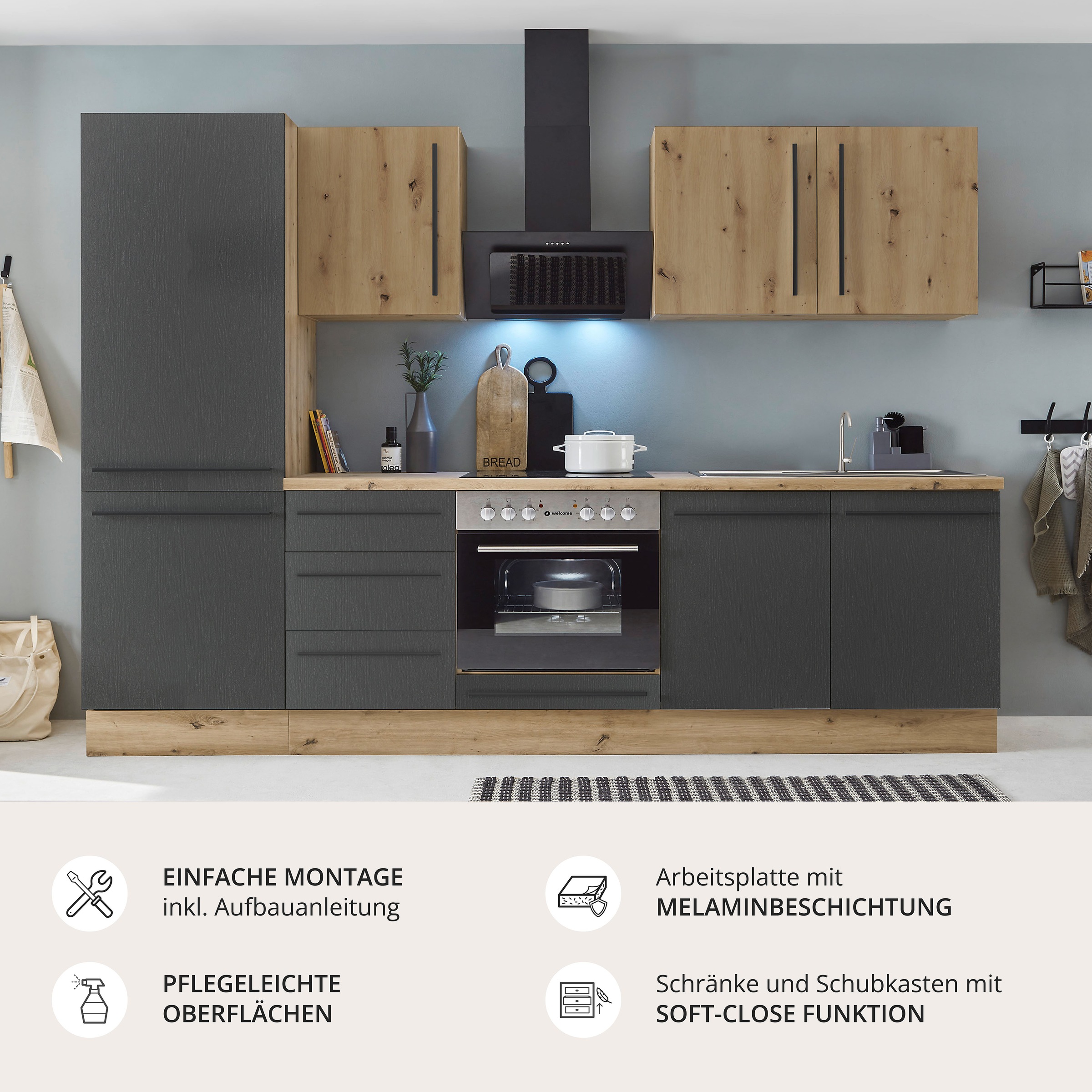 Thumbnail - KOCHSTATION Küchenzeile "KS-Florida mit 38mm starker Arbeitsplatte" Breite 270 cm, wahlweise mit E-Geräten, Soft-Close-F...