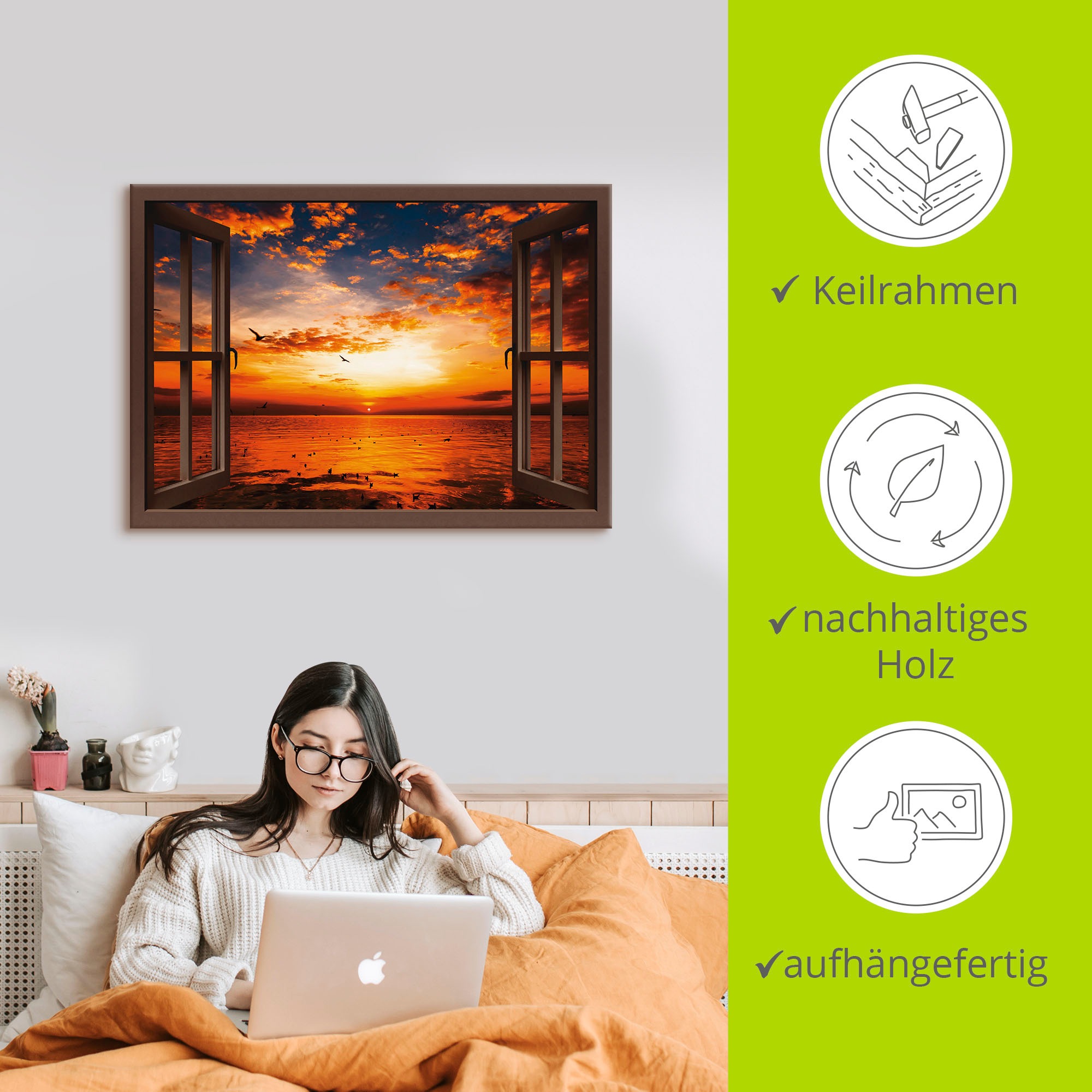 Artland Wandbild »Fensterblick Sonnenuntergang am Strand«, Fensterblick, (1 St.), als Leinwandbild, Poster, Wandaufkleber in verschied. Größen