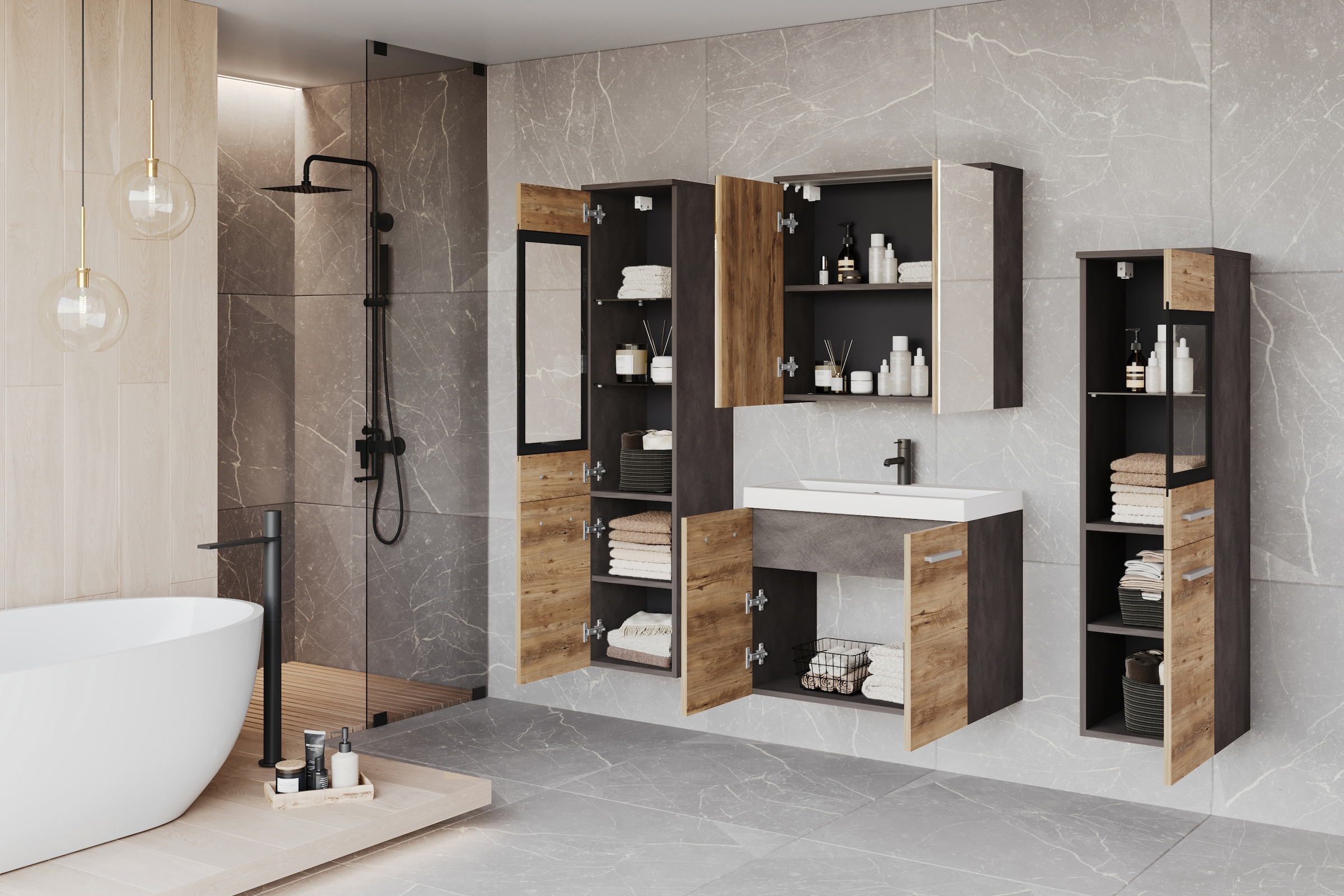 welltime Badmöbel-Set »MADRIT II, Schrank mit Waschbecken, 2 Hänger, Spiegelschrank«, (Komplett-Set, 5 St.), Hängende Badmöbel mit Glaseinsätzen – in vielen Farben erhältlich