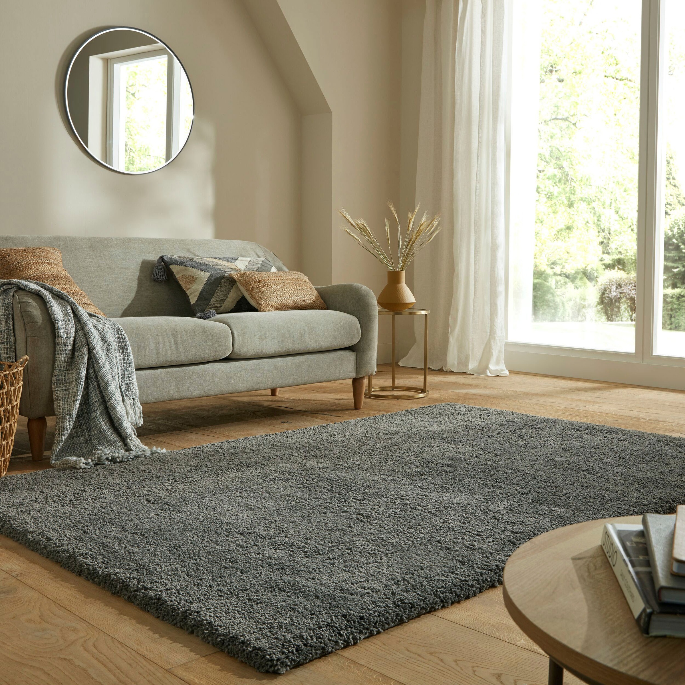 Hochflor-Teppich FLAIR RUGS "Feather", grau (holzkohle), B:160cm H:40mm L:230cm, Kunstfaser, Teppiche