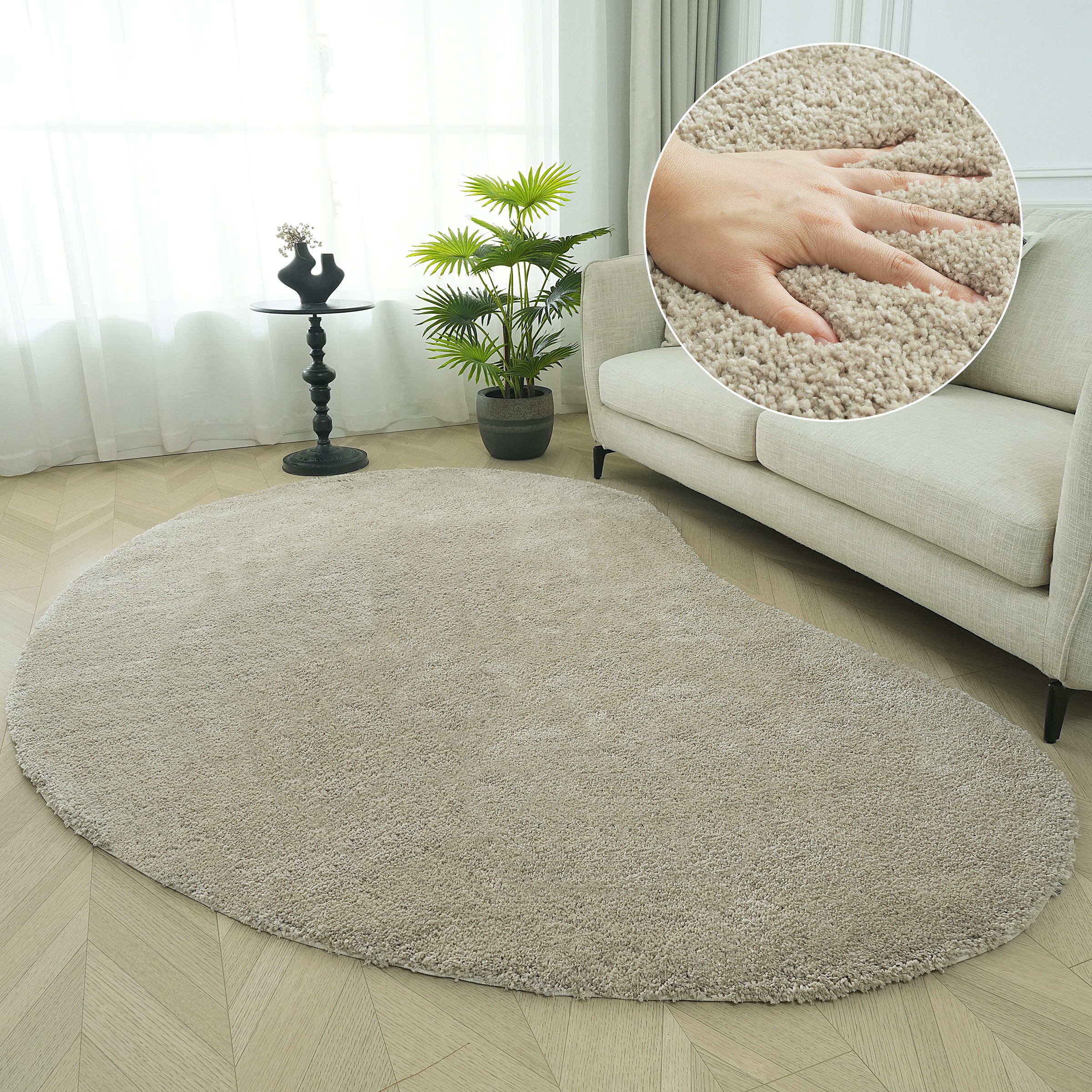 Hochflor-Teppich "Halrum, einfarbig, besondere Form, modern" Gr. 72, beige, B:160 H:25 L:240, Kunstfaser, LEGER HOME BY LENA GERCKE, Teppiche, organische Form, bean shape, kuschelig, Wohnzimmer, Schlafzimmer