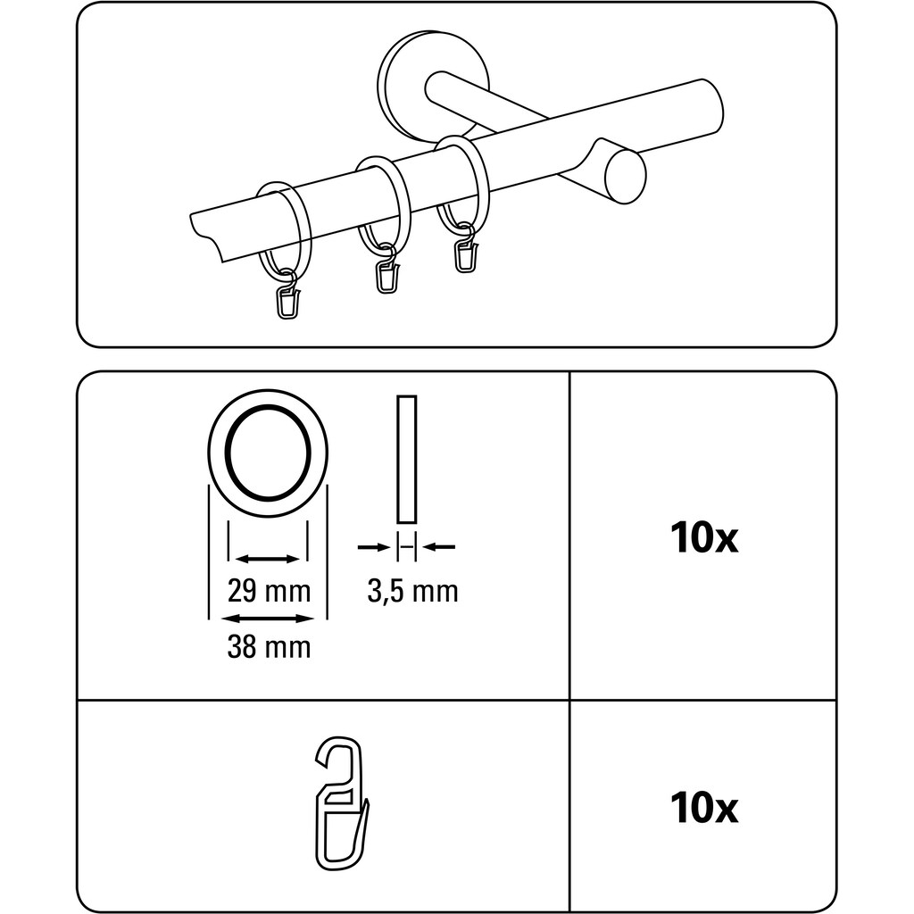 GARDINIA Gardinenring »Gardinenringe Elba«, (10 St.), Serie Gardinenstangen-Set Elba Ø 16/19 mm