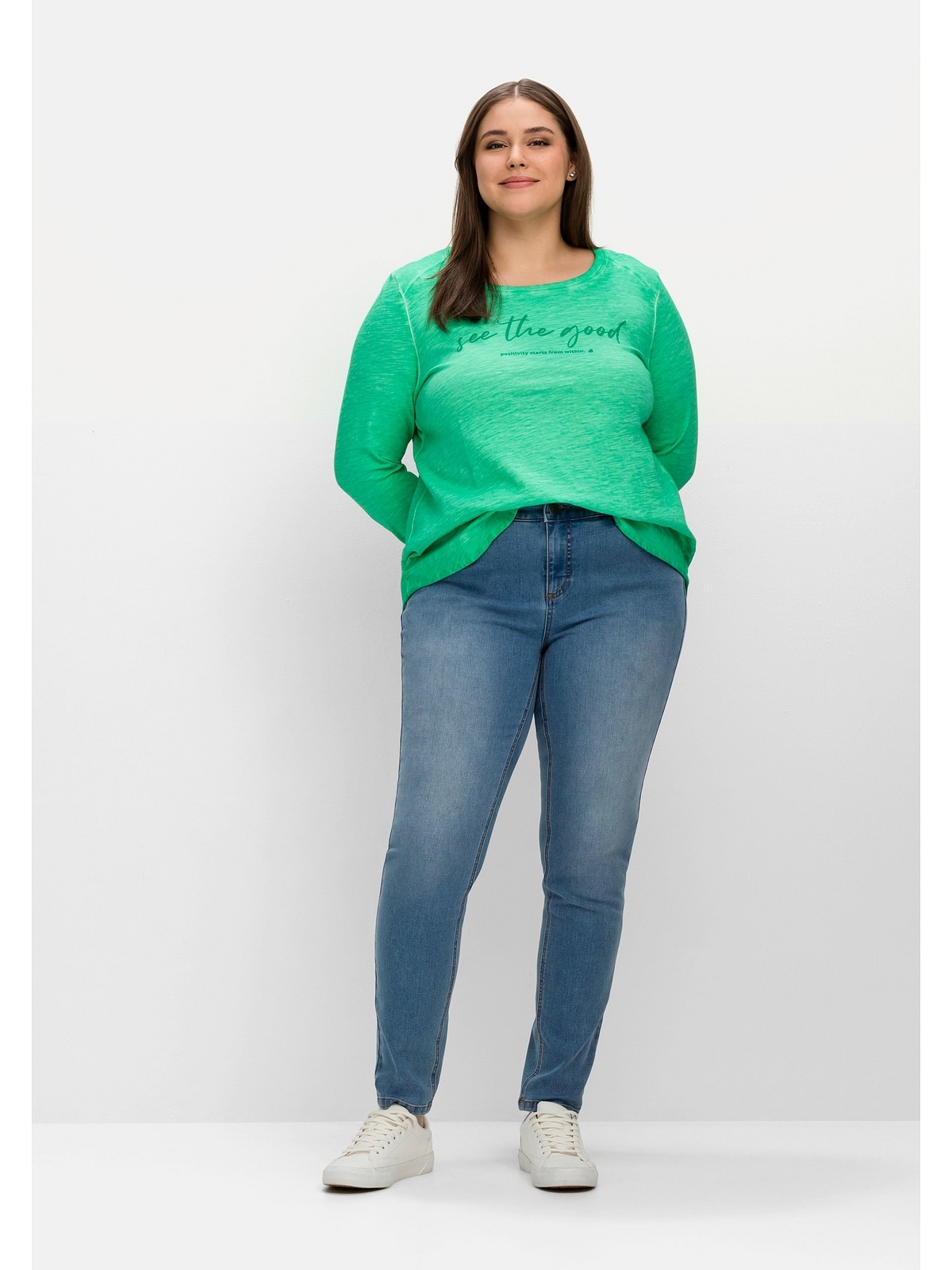 Sheego Stretch-Jeans »Große und mehr für für Beine Bauch Größen«, schmale BAUR kaufen sehr 