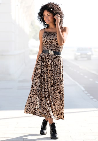 Midikleid, mit gesmoktem Oberteil und Animalprint, Leokleid, Sommerkleid