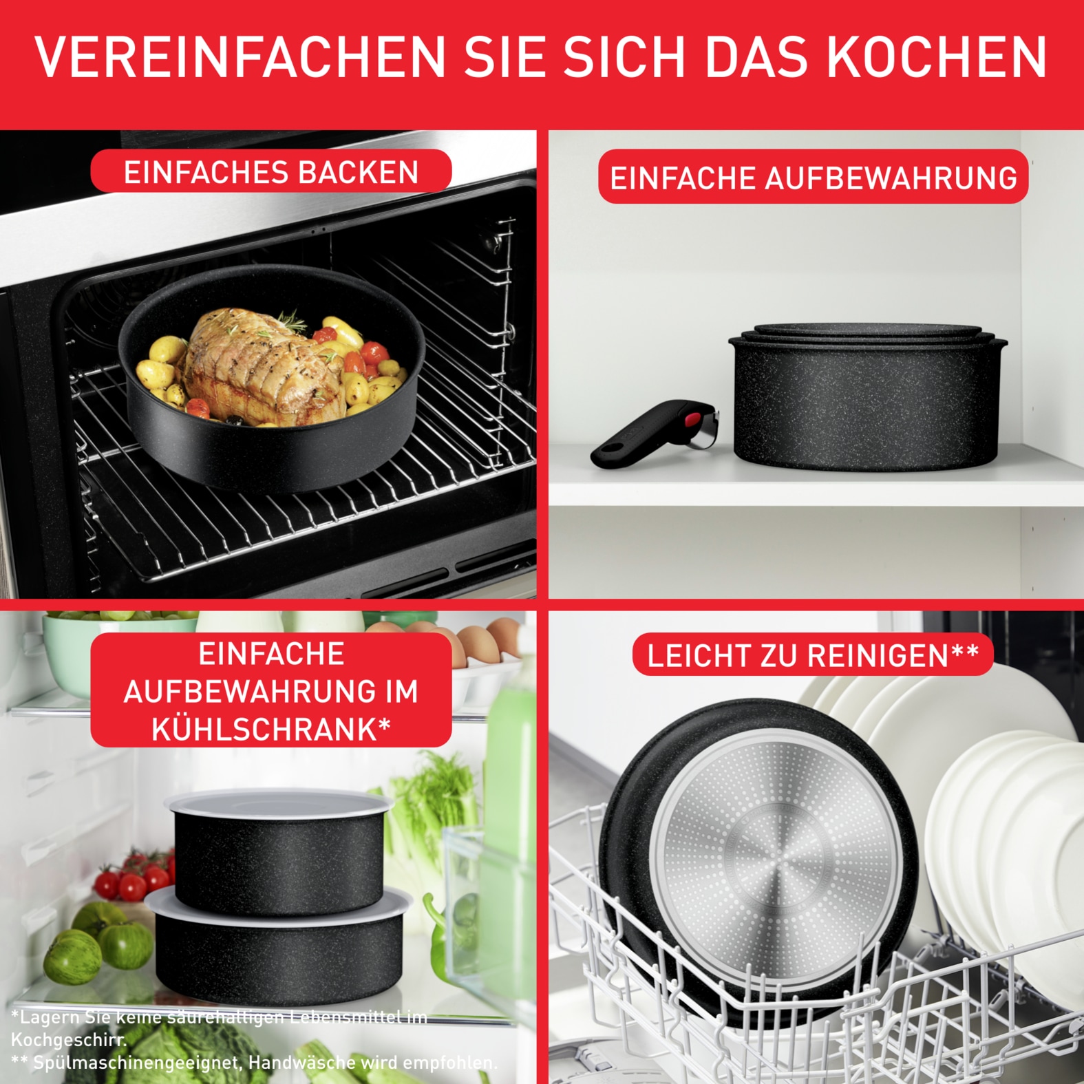 Tefal Topf-Set »L39996 Ingenio Black Stone, Topfset Induktion stapelbar, Antihaft«, Aluminium, (Set, 4 tlg., je 1 Stielkasserolle Ø 16/18/20 cm, 1 abnehmbarer Griff), Thermo-Signal bei idealer Brattemperatur, für alle Herdarten geeignet