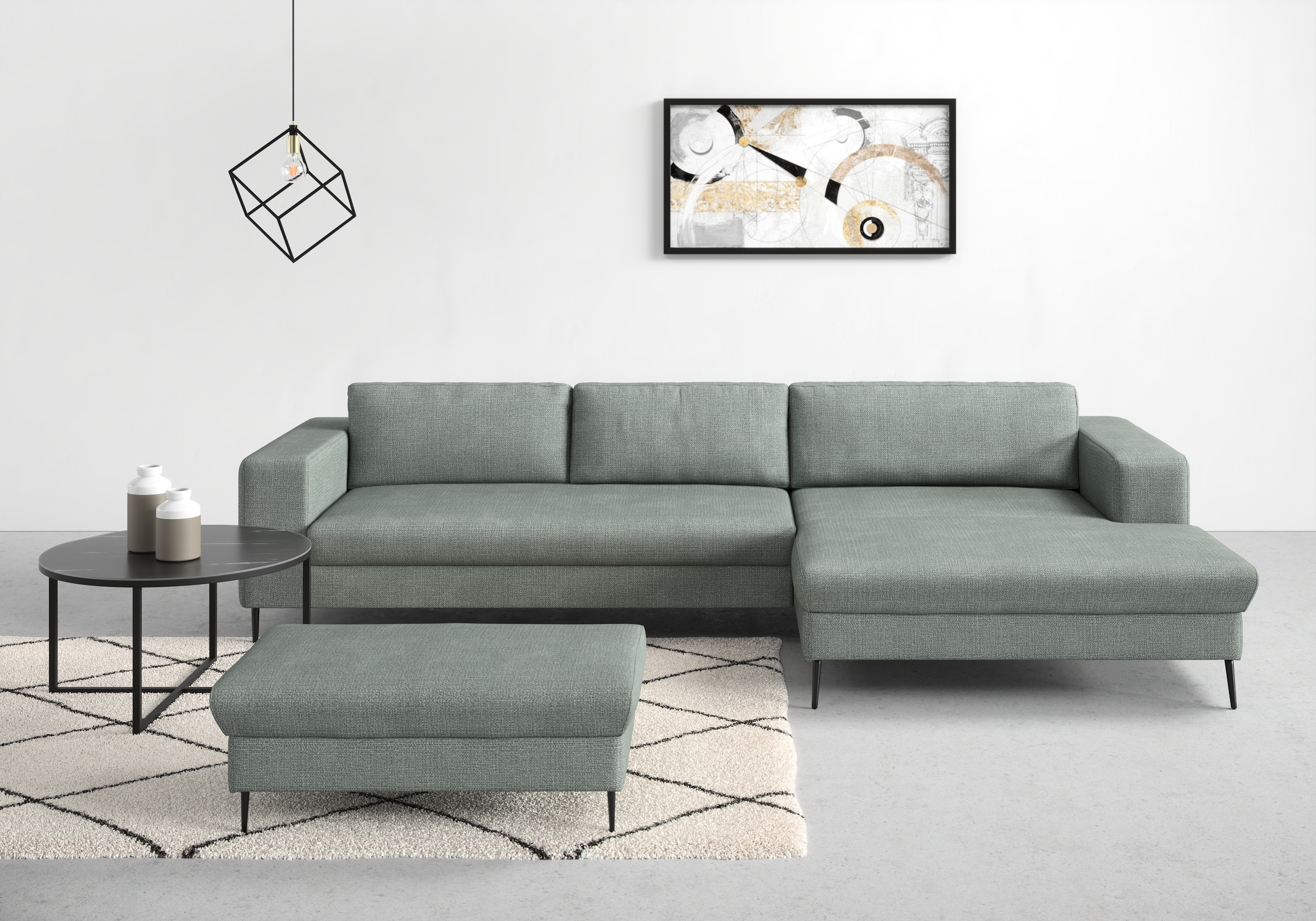 DOMO collection Ecksofa "Modica, zeitlos & elegant, Breite 329cm, hoher Fuß, bequem, L-Form" Auch in Cord, Fußhöhe passend für gängige Saugroboter