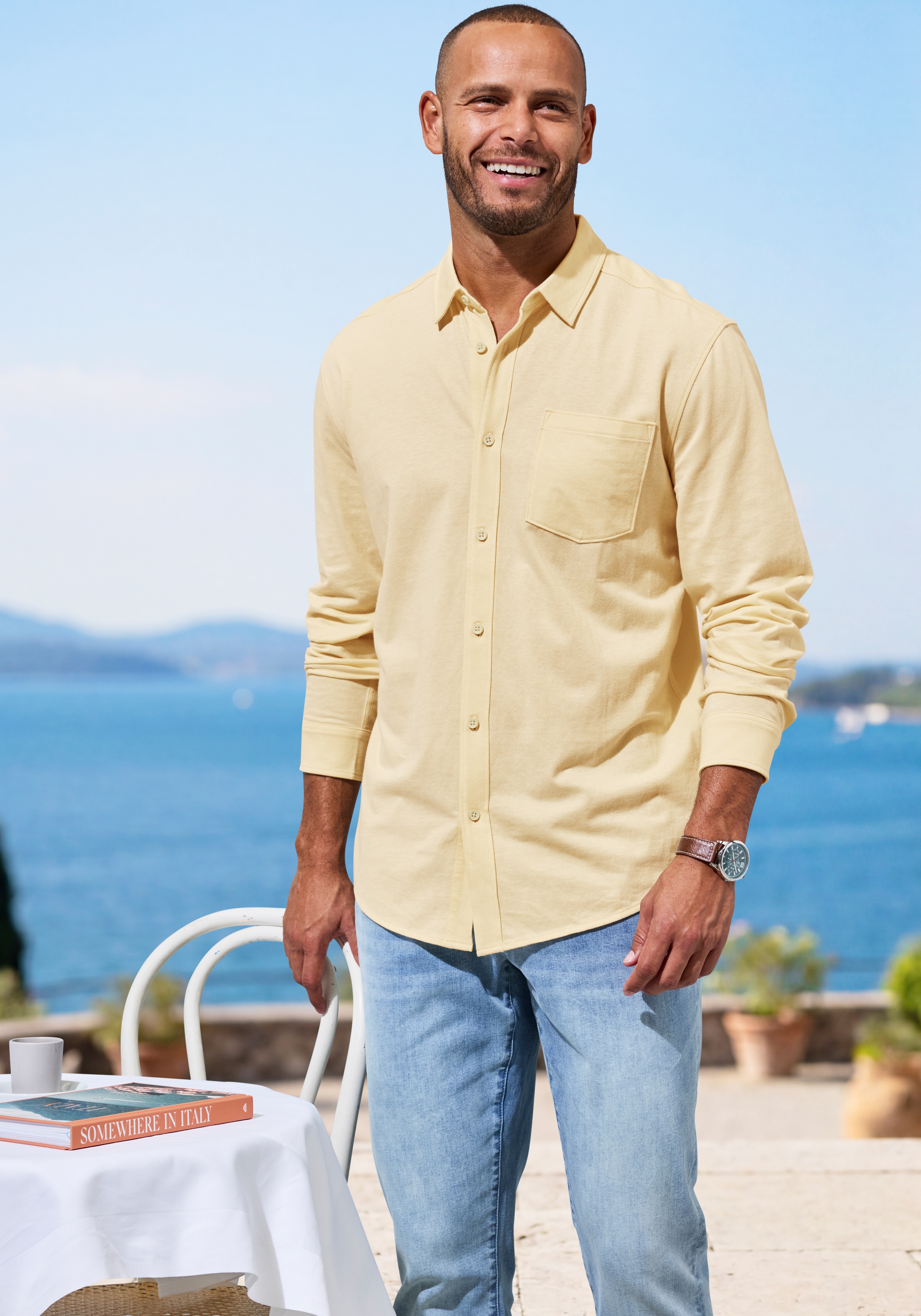 H.I.S Langarmhemd "- leicht strukturiertes Piqué Hemd aus angenehmer Shirt-Qualität" klassischer Kragen, tonige Knöpfe, weiche Baumwoll-Pikee-Qualität