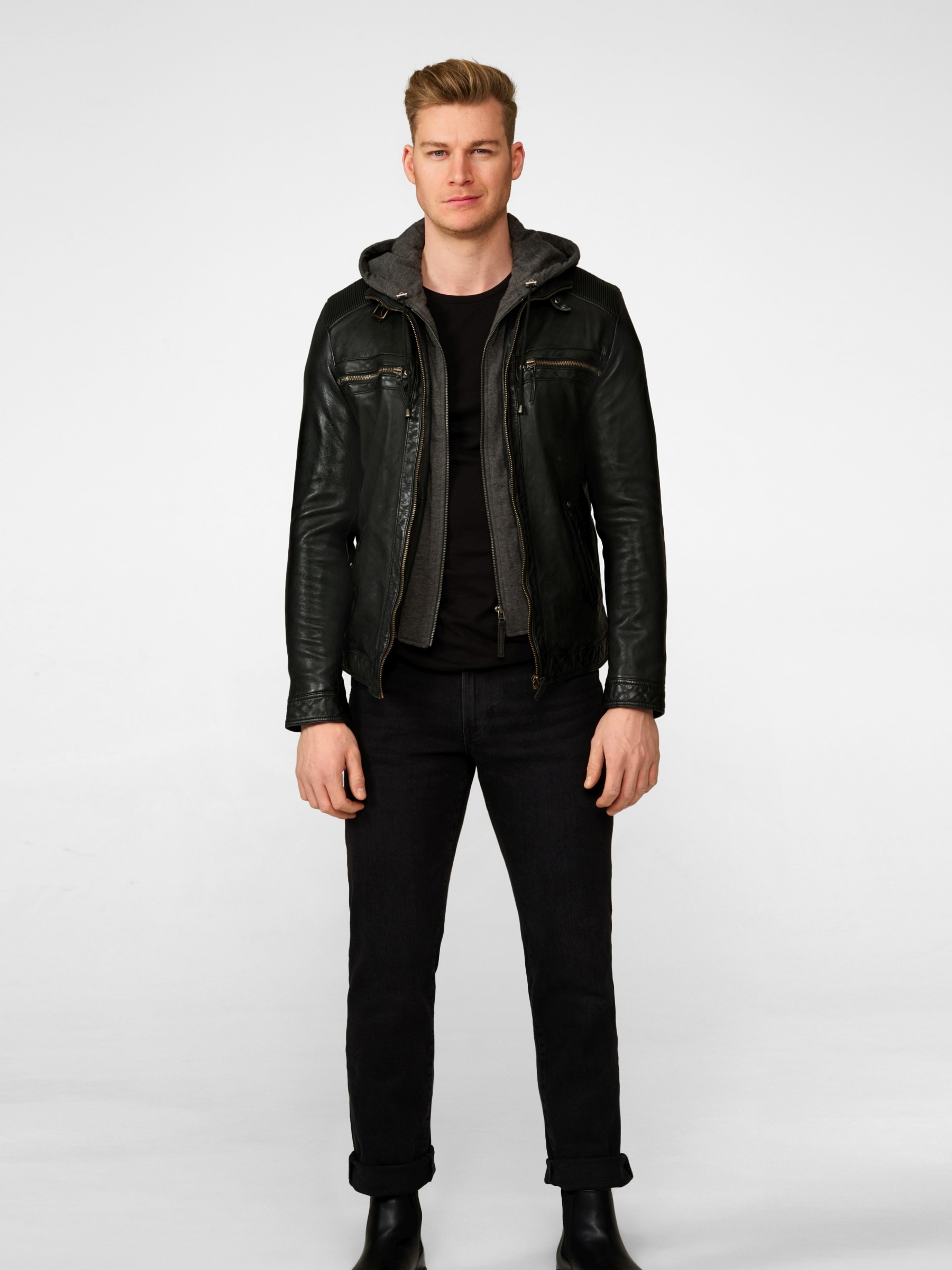 RICANO Bikerjacke »Lederjacke Nate« Abnehmbare Kapuze Handgefertigt aus echtem Leder