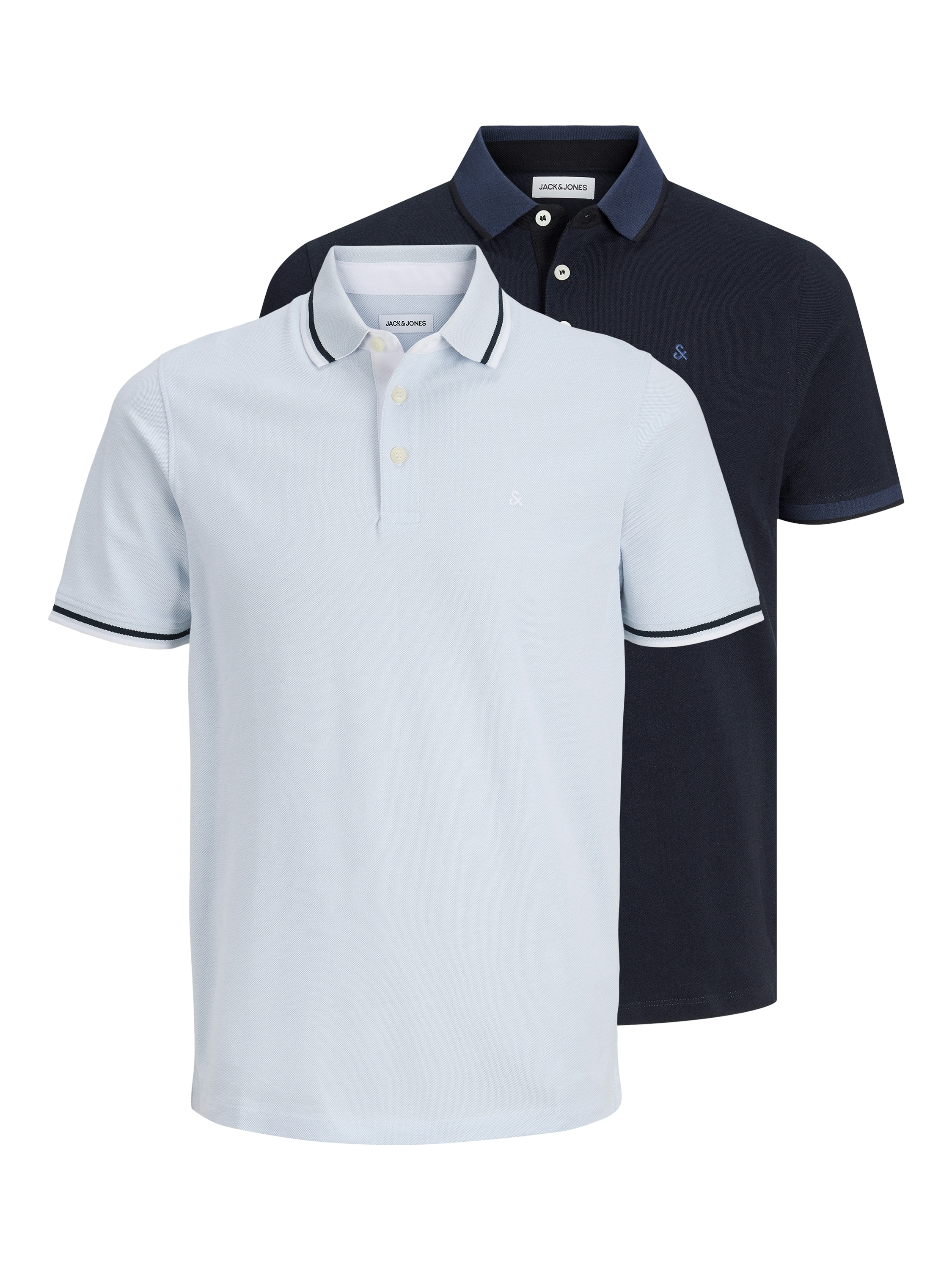 Jack & Jones Poloshirt "JJEPAULOS im Doppelpack mit Logostickerei und Komfort" Packung, 2er-Pack, 2 tlg. unifarben mit Farbeinsatz, modisch, schmal, Baumwolle, Polokragen