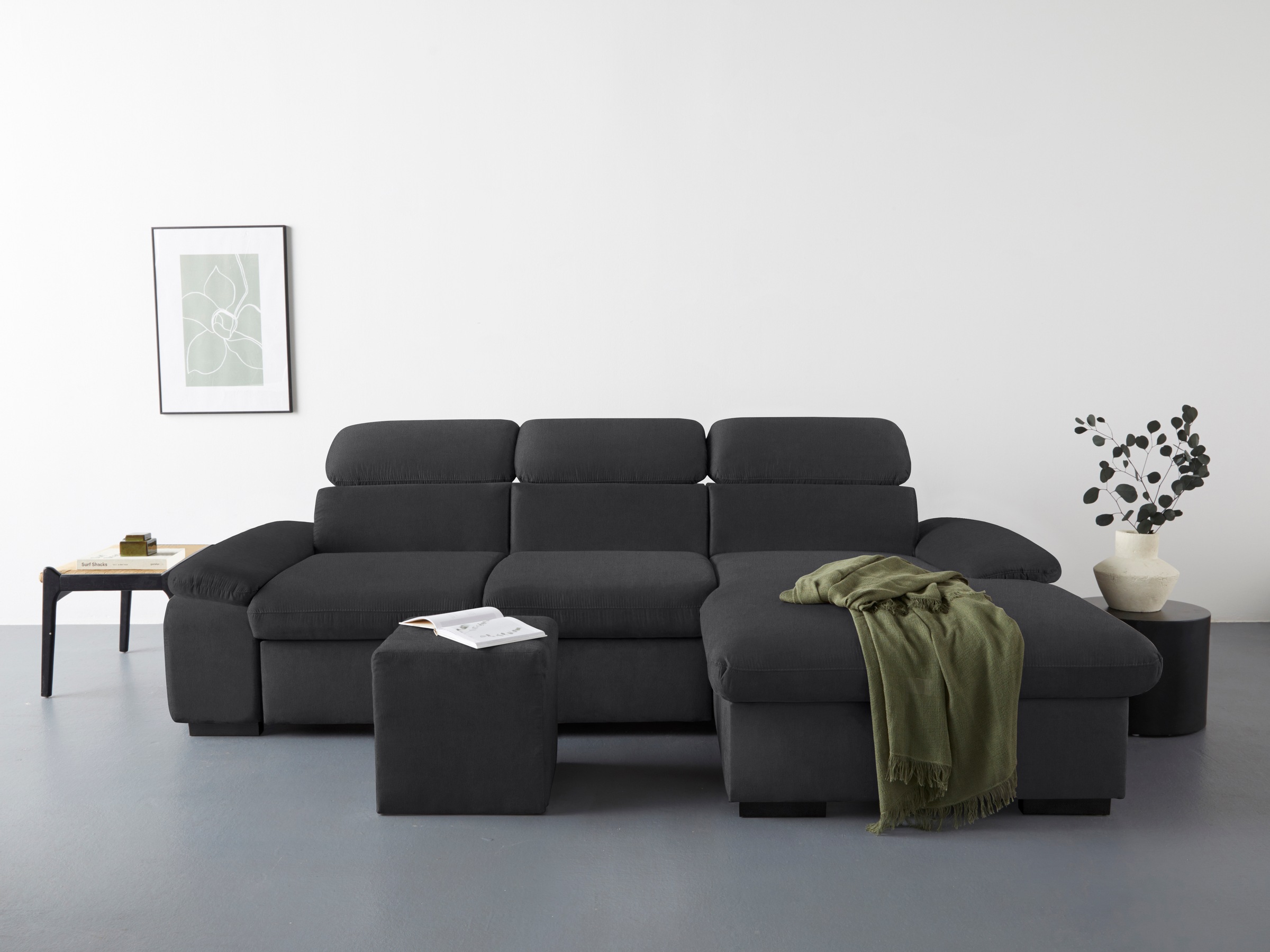 COTTA Ecksofa »Lola L-Form mit Kopfteilfunktion & Hocker«, (Set, mit Hocker), wahlweise mit Bettfunktion, Bettkasten & Armteilverstellung