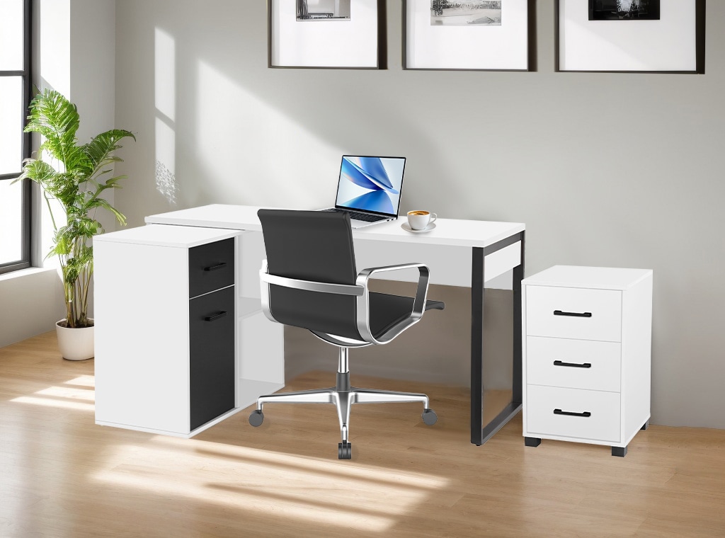 Places of Style Eckschreibtisch »Moid, Computertisch, Kabeldurchlass, mit Regalfächern,«, Schublade und Tür, flexibles Regalelement, 140x82-115 cm