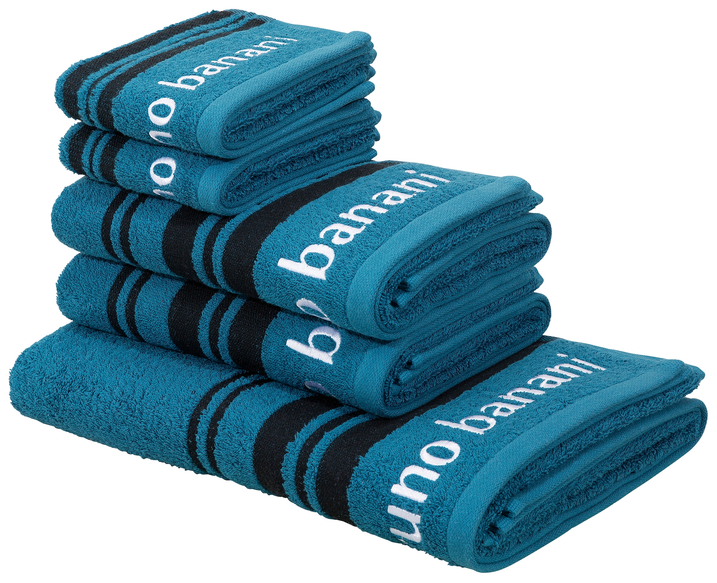 Bruno Banani Handtuch Set "Daniel, 1 Duschtuch 70x140, 2 Handtücher 50x100, 2 Gästetücher 30x50" Set 5 Walkfrottee Streifen-Bordüre & Markenlogo, weich, 100% Baumwolle
