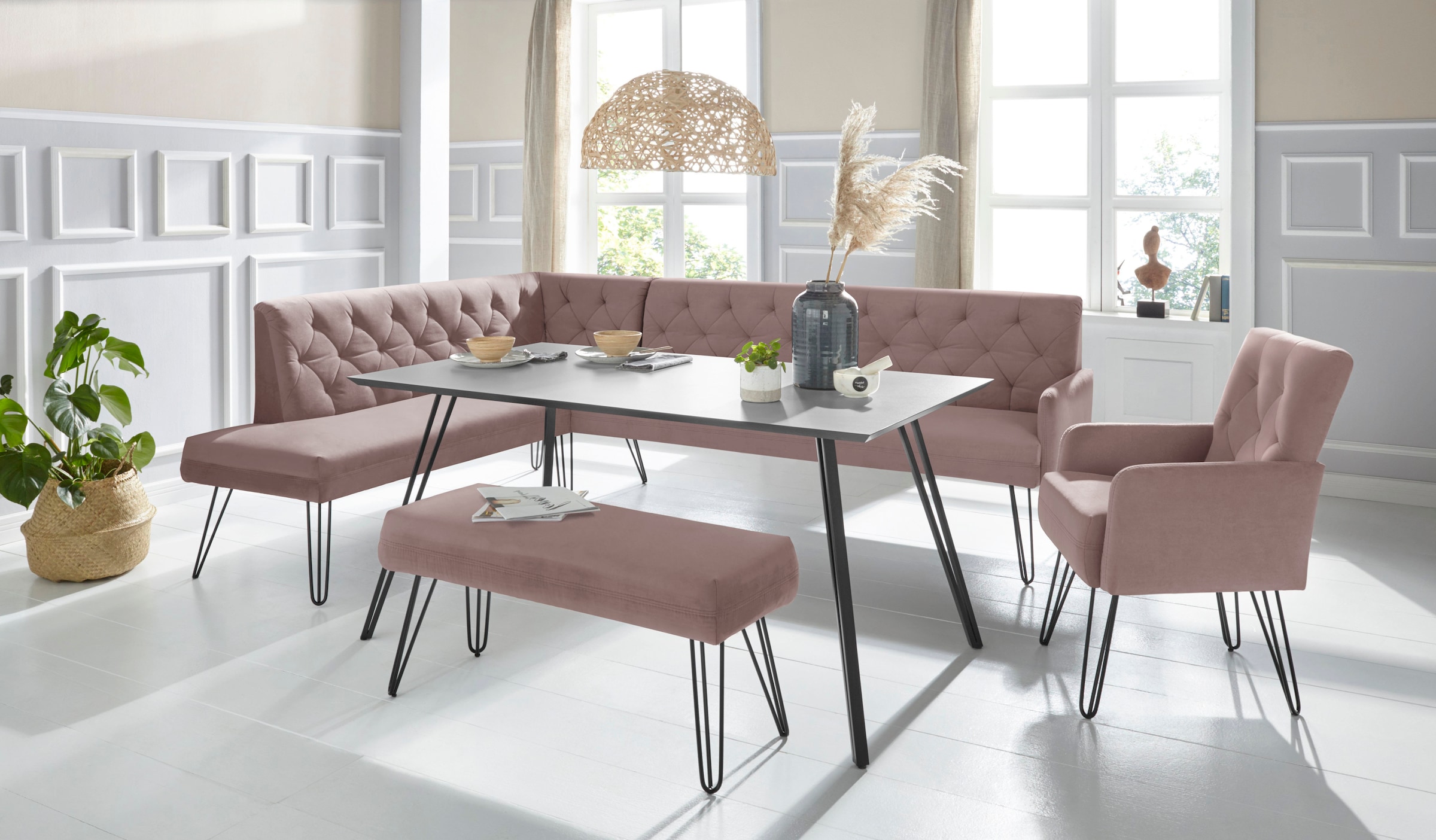 exxpo - sofa fashion Eckbank »Doppio, Chesterfield Optik, komfortabel und bequem, hohe Designfüße«, Frei im Raum stellbar