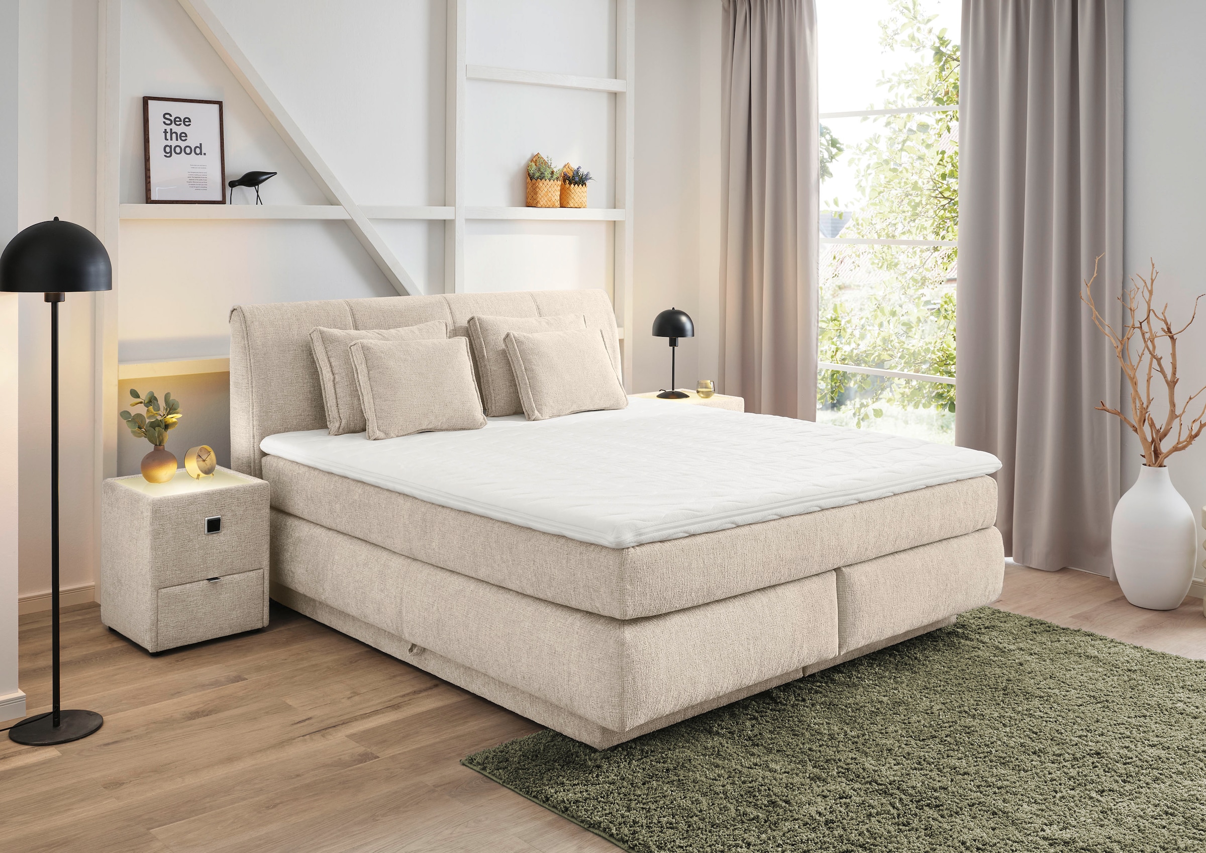 Jockenhöfer Gruppe Boxspringbett "CARLA, wahlweise mit Bettkasten, Inkl. Topper & 4 Kissen" mit Chenille bezogen, 160x200cm oder 180x200