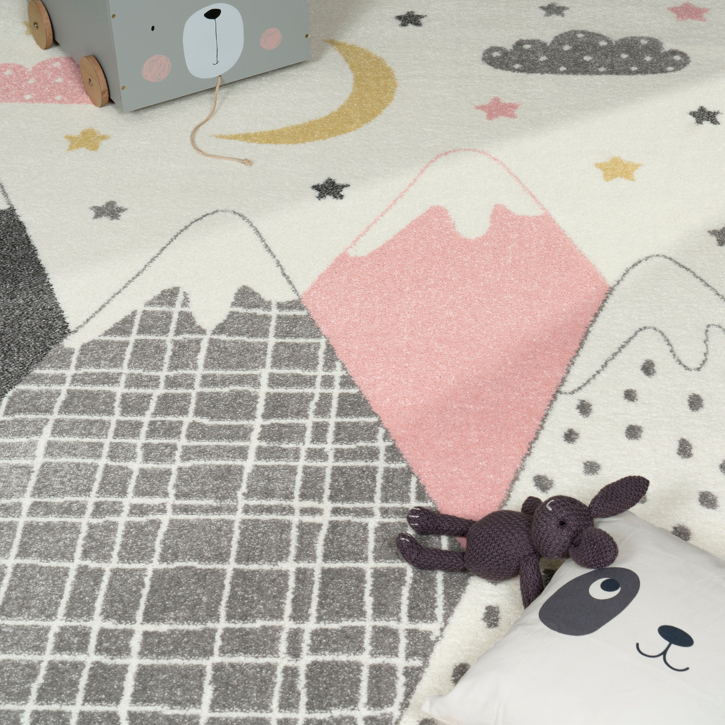 Paco Home Kinderteppich »Nino 886«, rechteckig, 13 mm Höhe, Kurzflor, Spielteppich, Motiv Berge & Sterne, Pastell-Farben