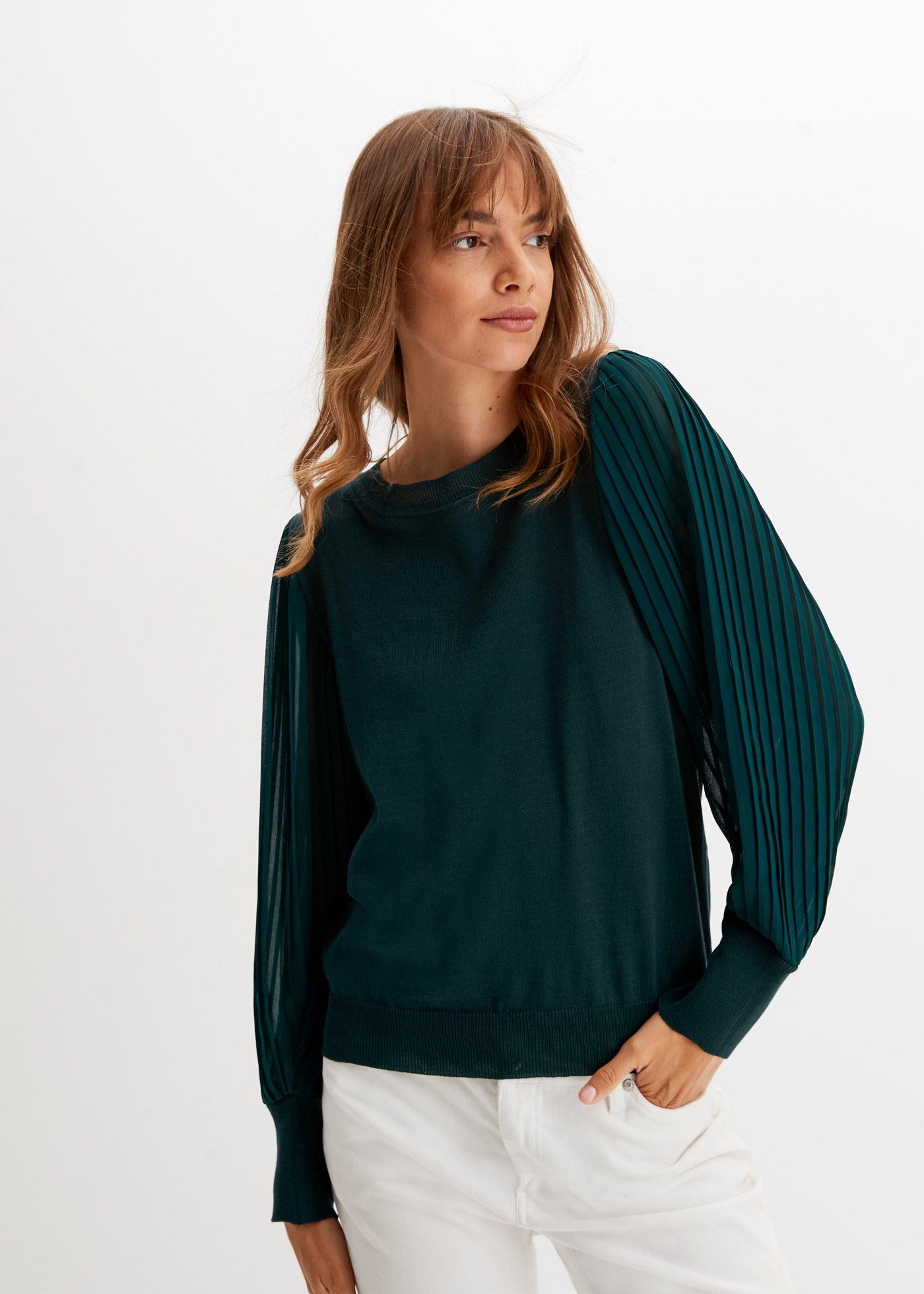 bonprix Strickpullover "Feinstrickpullover aus fließendem Viskose-Mix" im tollen Viskose-Mix, mit weiten, extravaganten Plisseeärmeln, bequem