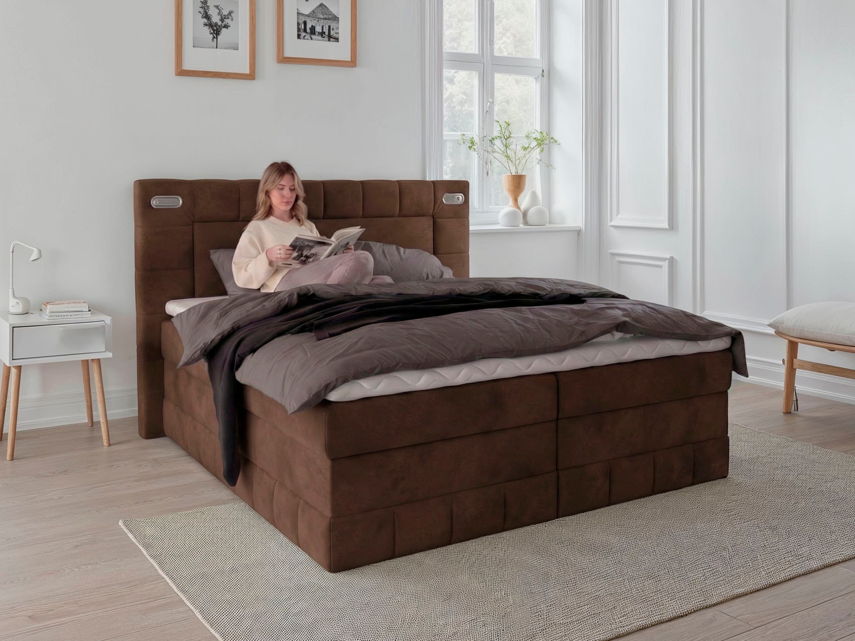 OTTO home Boxbett "PHILIPPA, Polsterbett mit Bettkasten, mit Taschenfederkernmatratze H3" mit Kaltschaum-Topper, Microfaser-Bezug, wahlweise mit LED-Beleuchtung