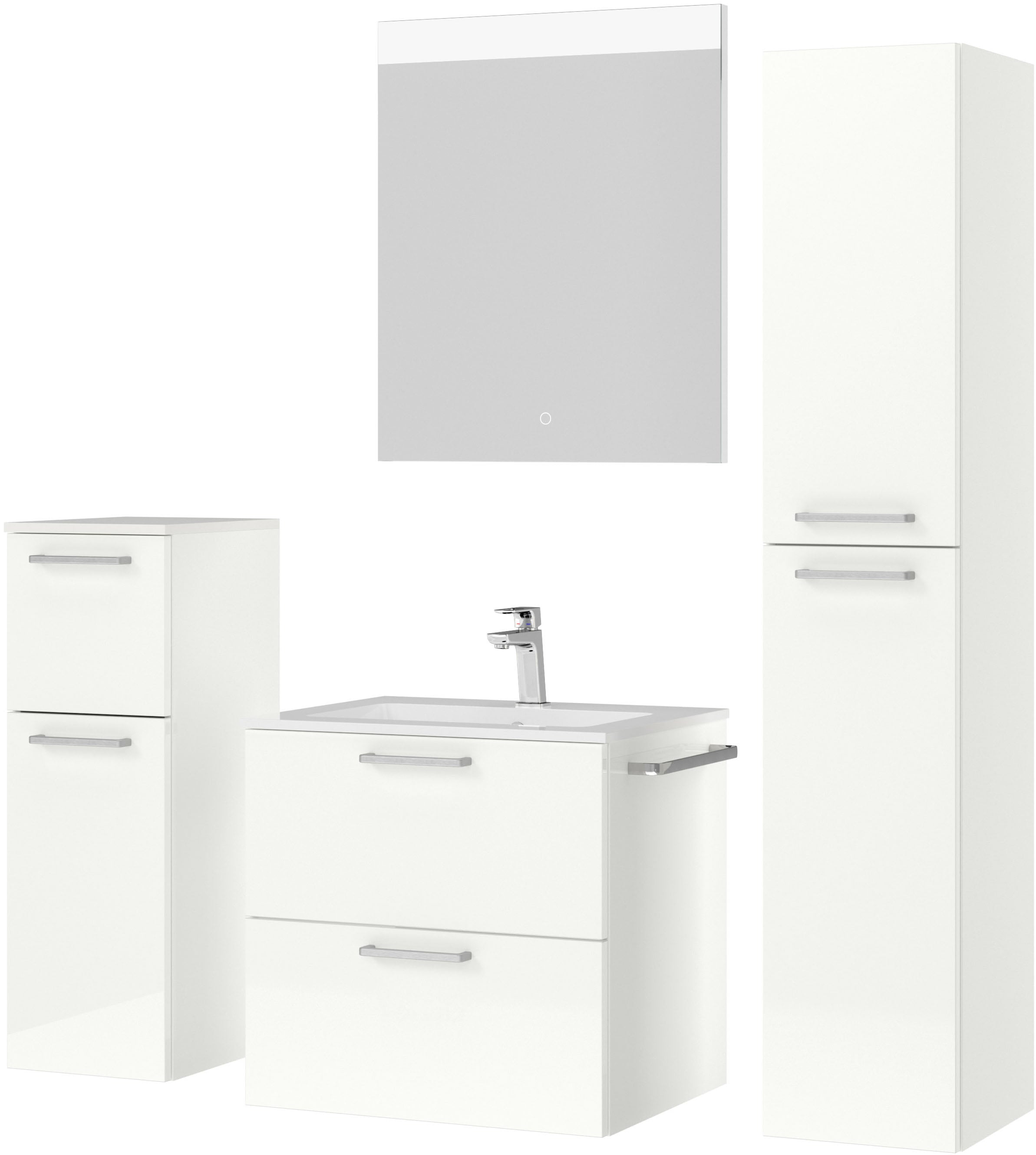 nobilia® Badmöbel-Set »Tolvina«, (4 St., vormontiert, mit Soft-Close), Hochglanz, inkl. Spiegel mit Touch-Sensor, in vier Breiten