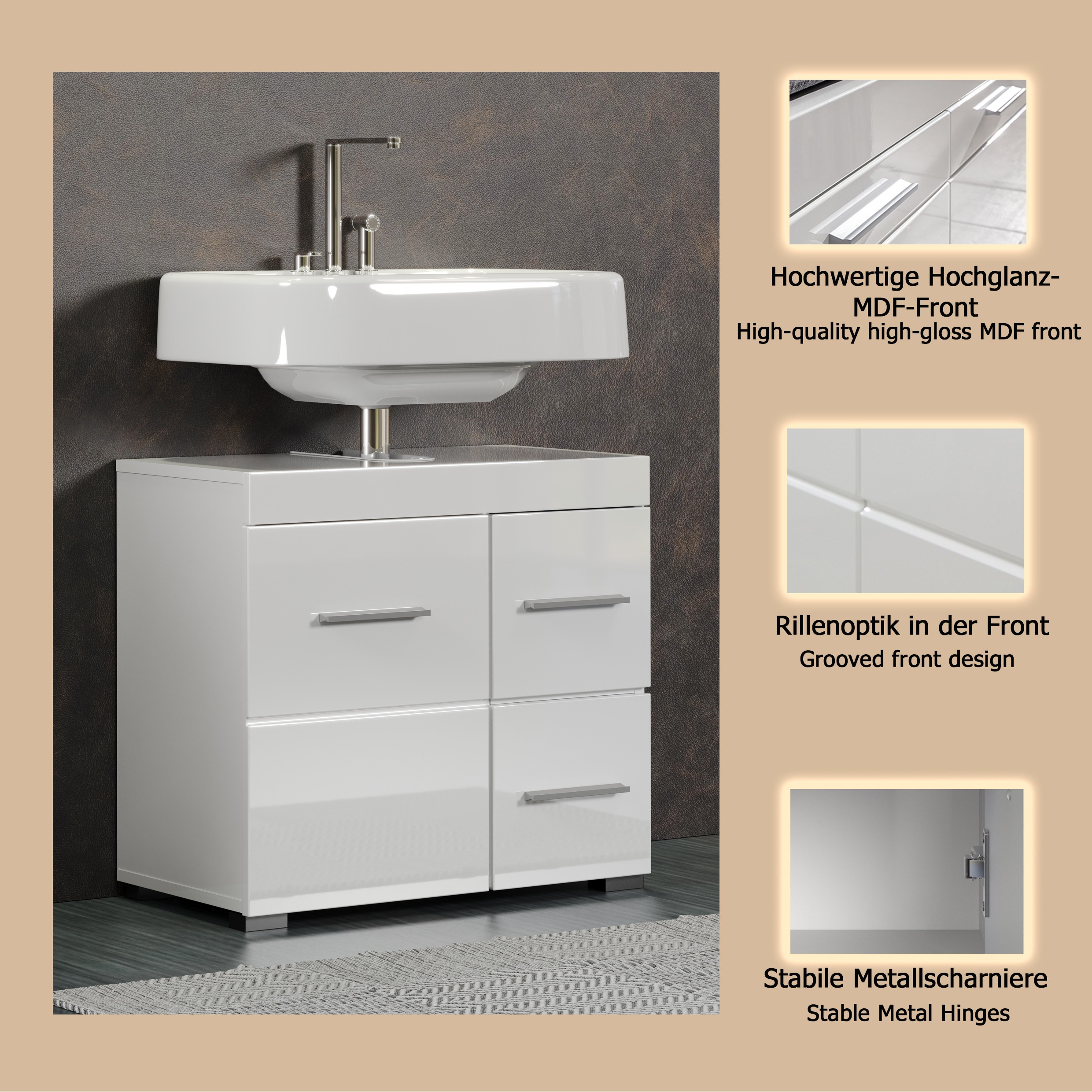 Thumbnail - welltime Waschbeckenunterschrank "Avena" 1 Stk. tlg. Badezimmerschrank mit Tür & Schubkästen – (B/T/H) 60/34/56 cm