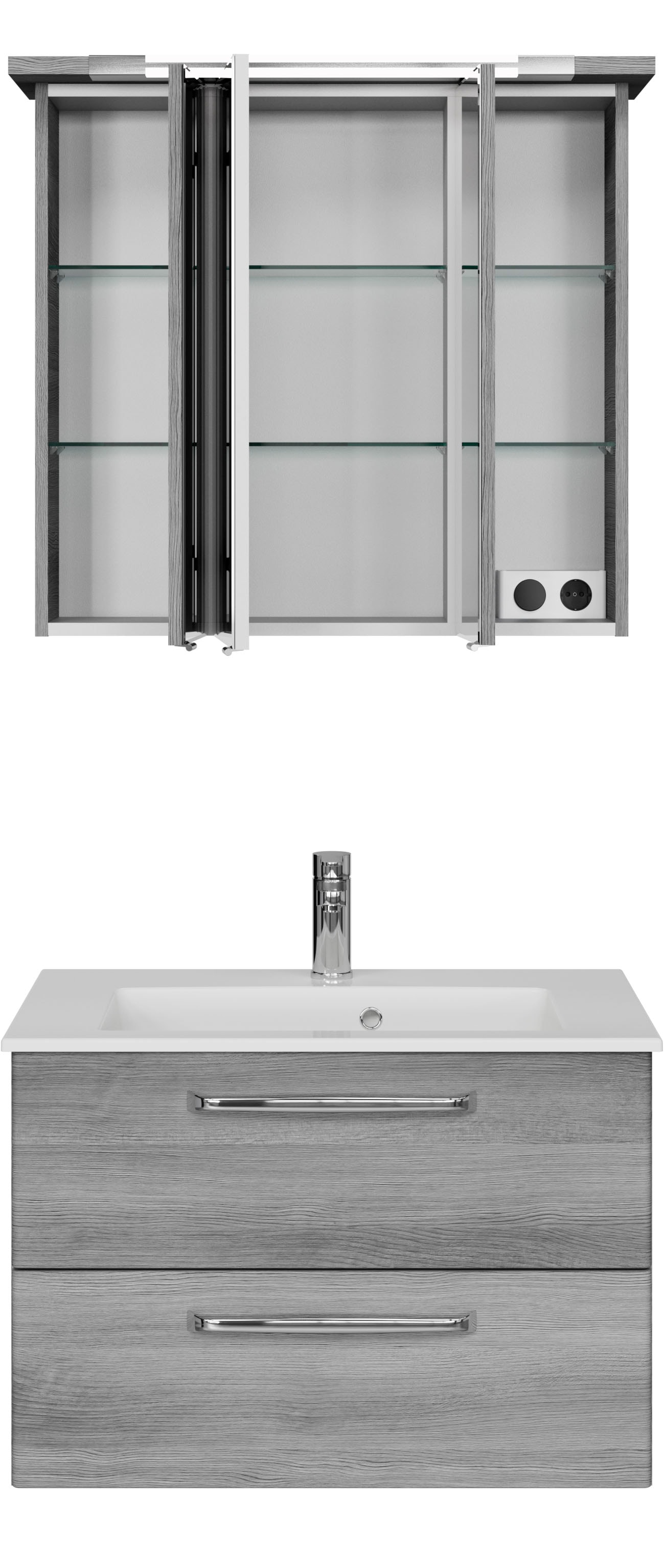Saphir Badmöbel-Set »Trentino 2-tlg. Mineralmarmor-Waschtisch,Spiegelschrank mit LED-Profil«, (3 St.), Badmöbel-Set 77cm breit, inkl. Türdämpfer, 3 Türen, 2 Auszügen