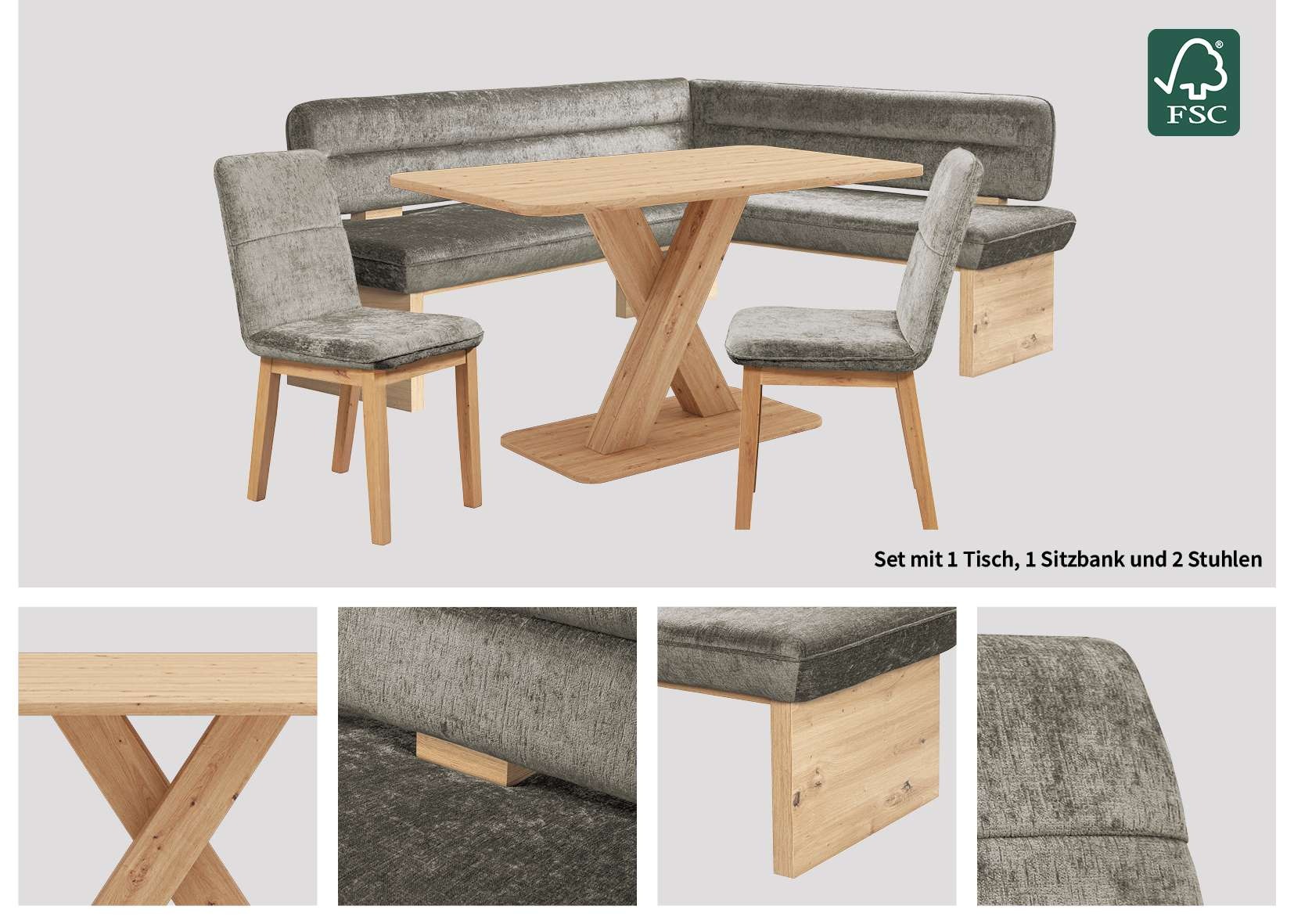 Home affaire Eckbankgruppe »Louise + Miles Essecke Sitzgruppe Eckbank Küchenbank«, (Set, 4 tlg., 4er), Sitzgruppe Esszimmer Stühle Tisch und Bank bequem gepolstert