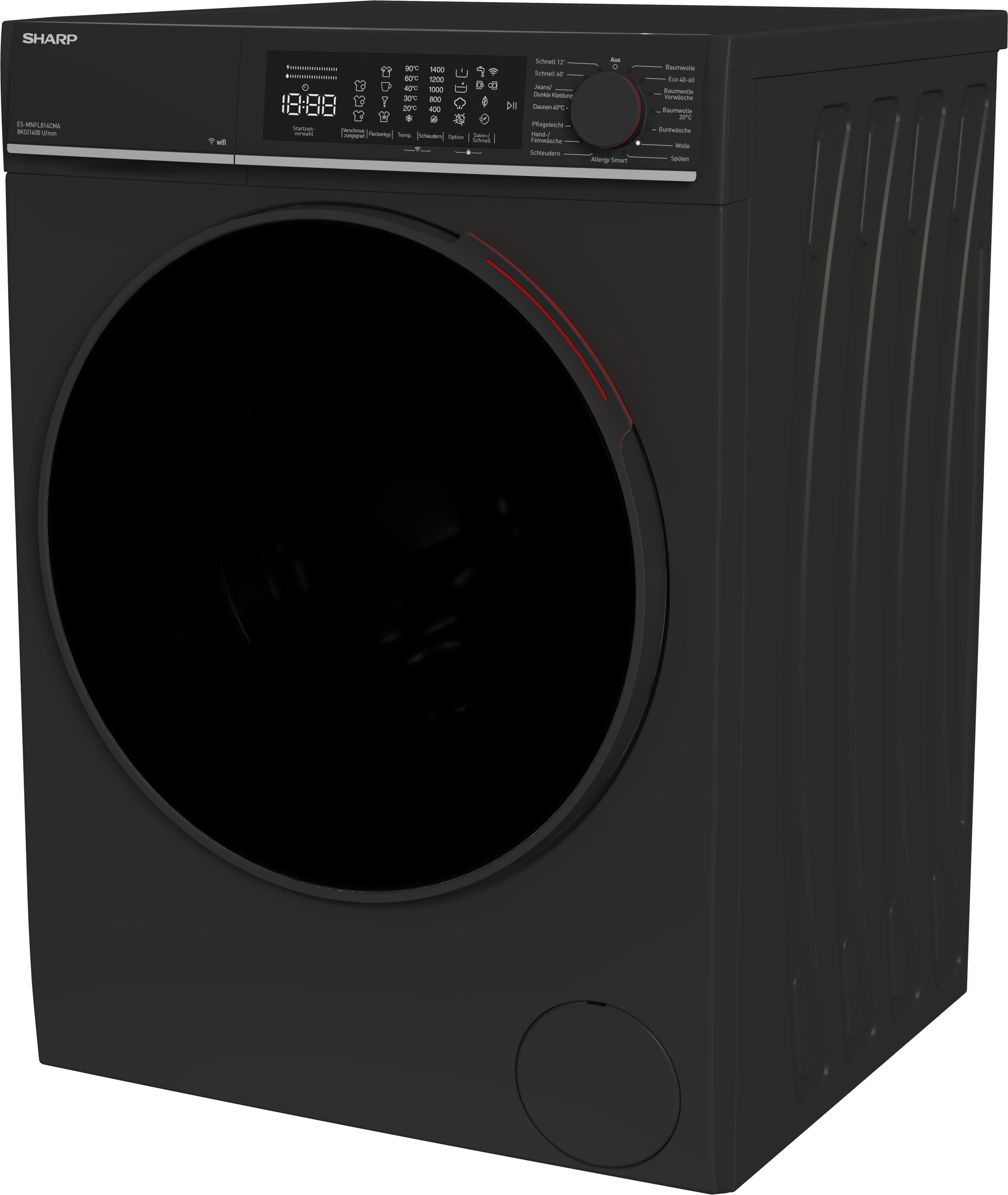 Sharp Waschmaschine Microfiber »ES-MNFL814CMA-DE«, 8 kg, 1400 U/min, 8kg / +WIFI / Microfiber / A / Fulltouch / Steam /
Mat Black