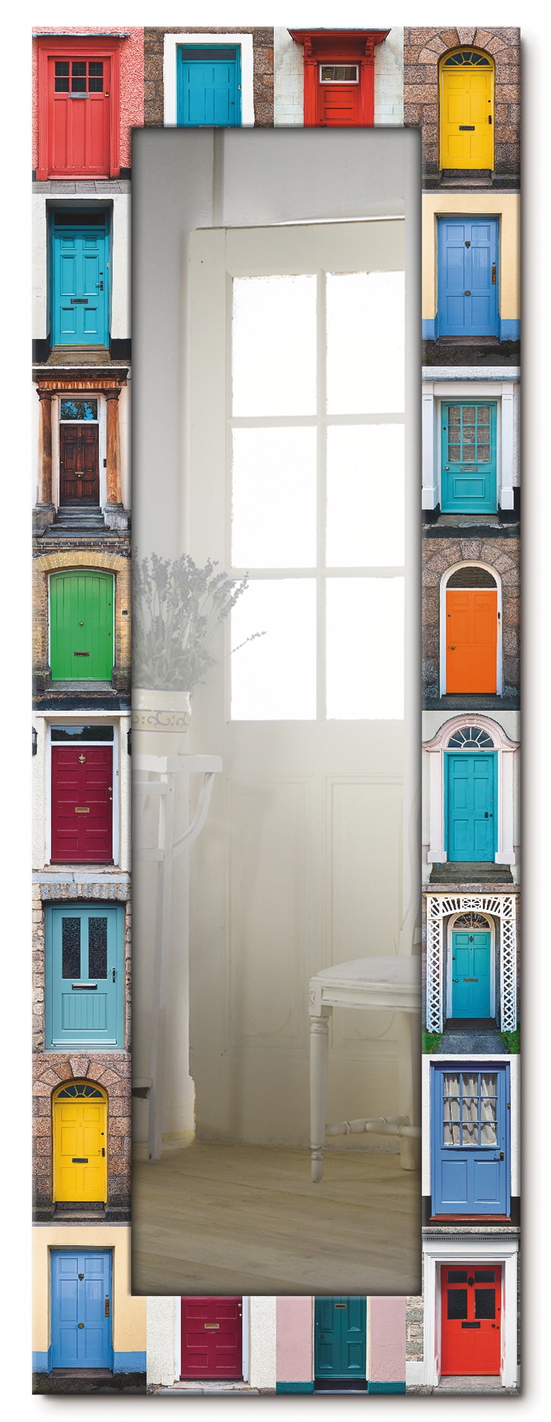 Artland Dekospiegel »Fotocollage von 32 bunten Haustüren«, gerahmter Ganzkörperspiegel, Wandspiegel, mit Motivrahmen, Landhaus
