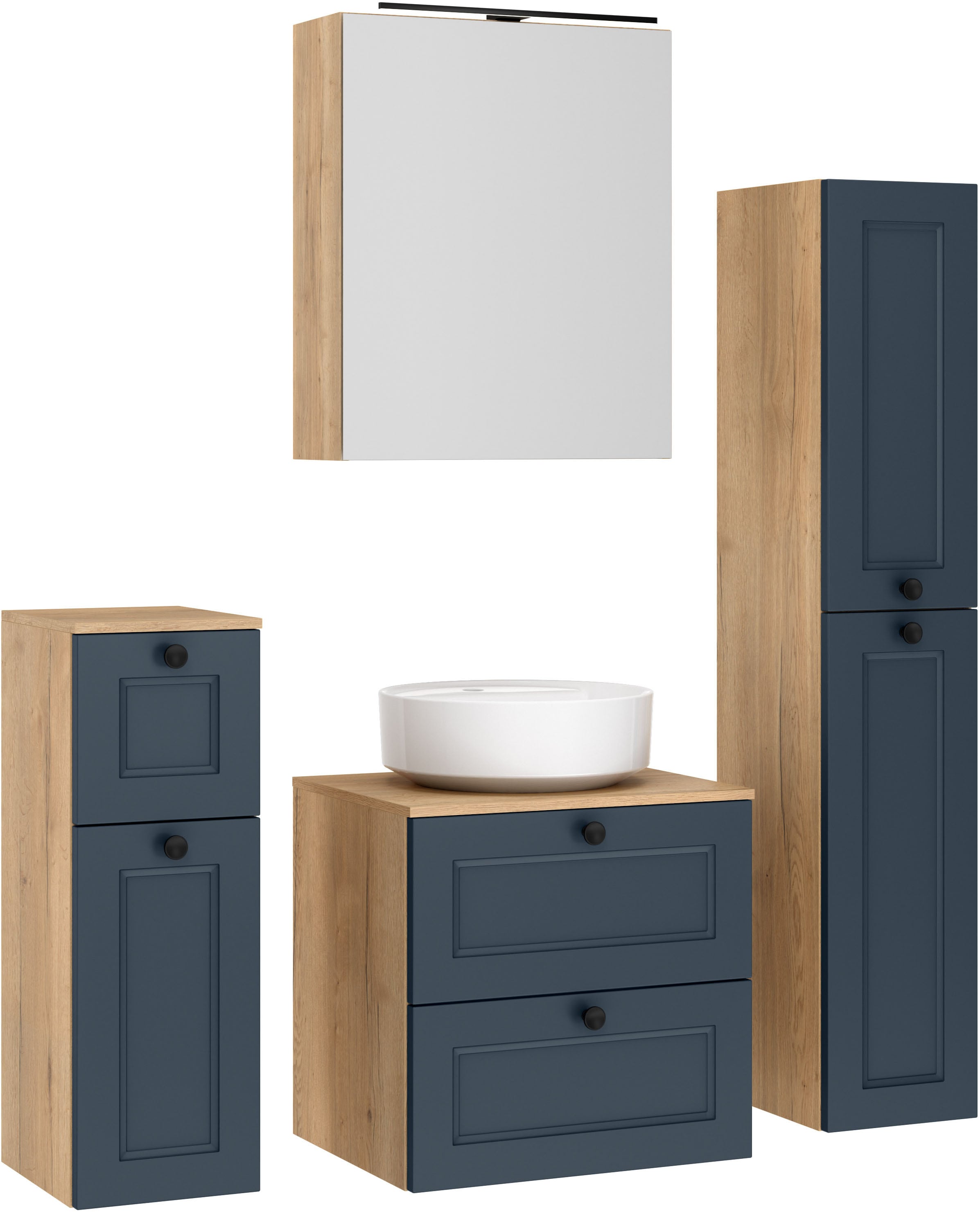 nobilia Badmöbel-Set "Cascada" Set, inkl. Aufsatzwaschbecken und Spiegelschrank mit Beleuchtung, 4 Stk. tlg.