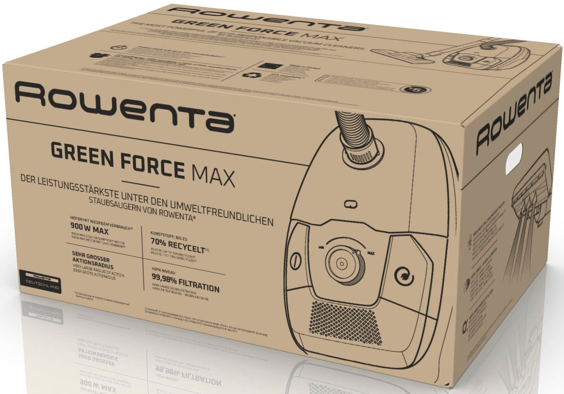 Rowenta Bodenstaubsauger »Green Force Max, extreme Reinigungskraft, hygienischer Beutelwechsel«, 900 W, mit Beutel, 99,98% Filtration, aus recyceltem Kunststoff, RO4933