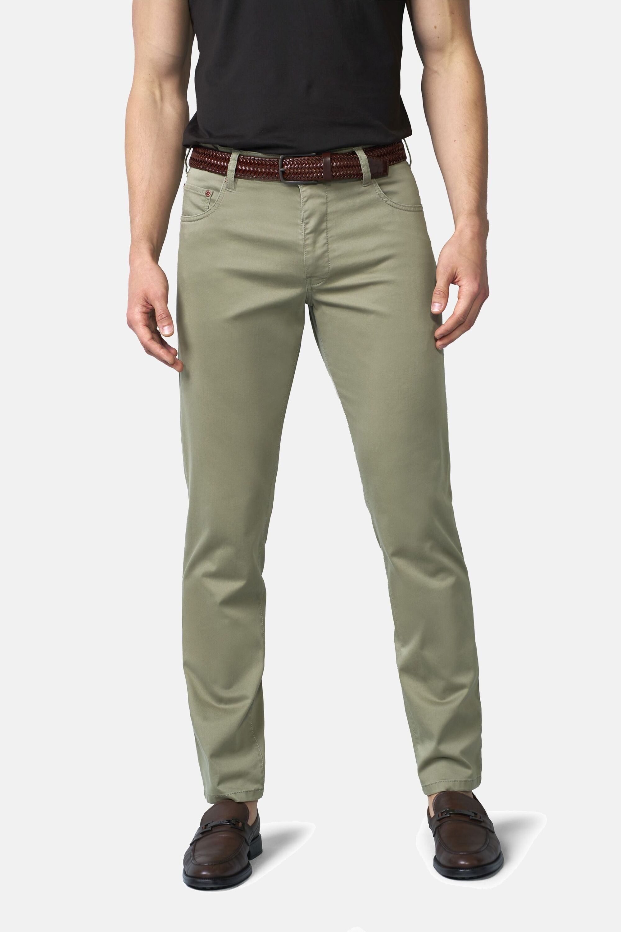 Chinos MEYER "M5 Five Pocket", Damen, Gr. 33, Länge 34, grün, 89% Baumwolle, 8% Elastomultiester, 3% Elasthan, unifarben, regular fit lang, Hosen, M5 Five aus High Performance Satin