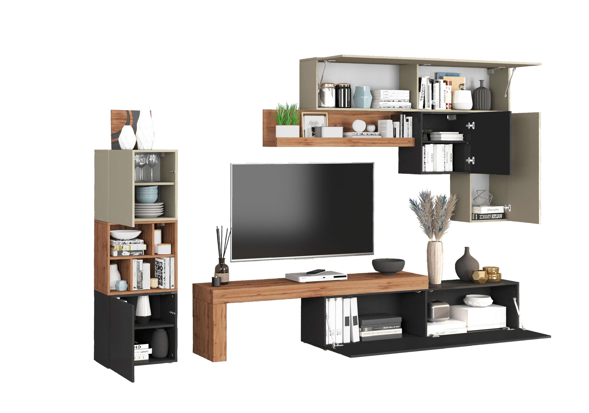 INOSIGN Wohnwand »Chronos Wohnwand, Medienwand, 8-er set«, (Set, 8 St.), ca. 320 cm mit Hängeschränke, Würfel, Regal, Lowboard, Made in Italy