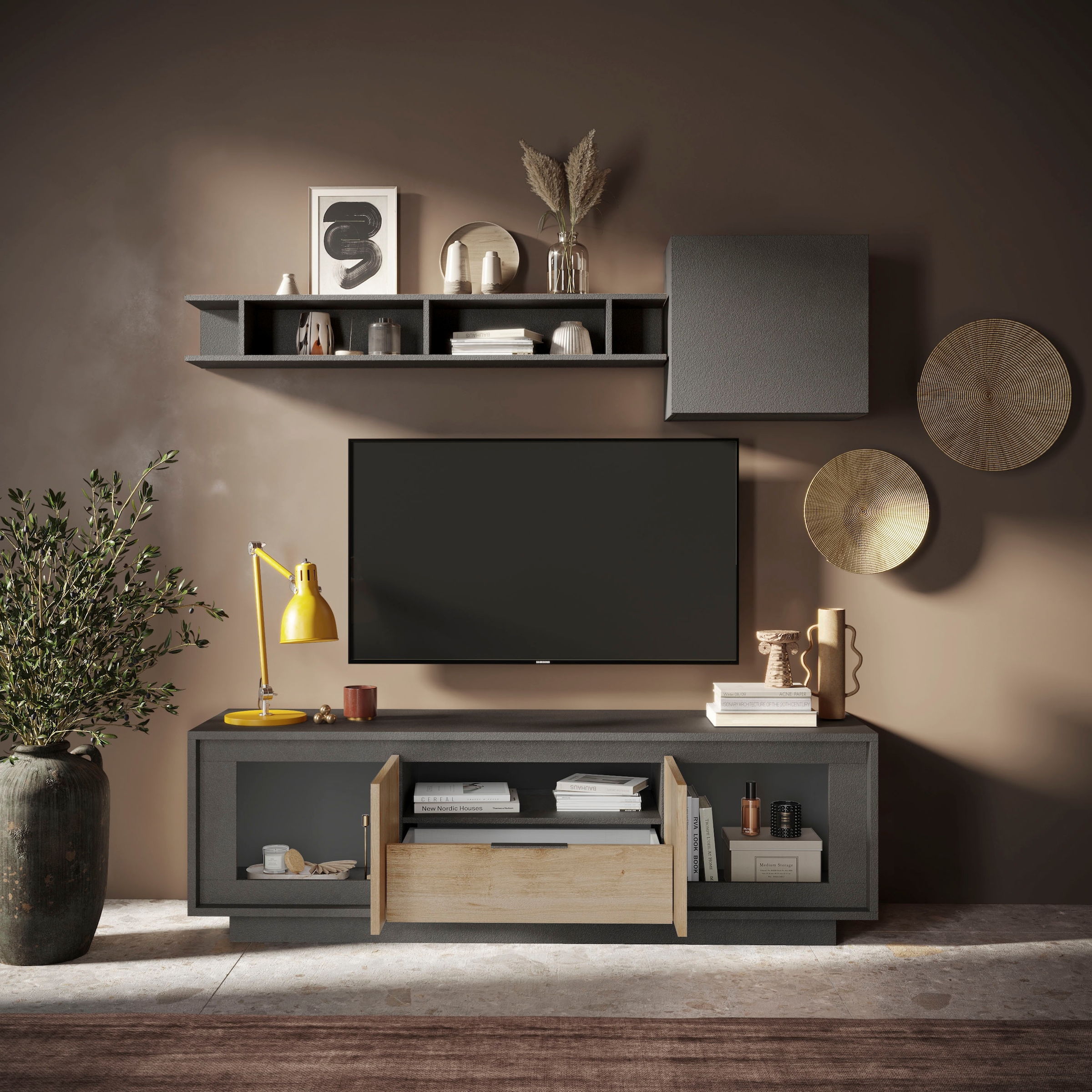 Home affaire Lowboard »Sky, B/T 180/50 cm, TV-Schrank/Medienboard, 2 Türen, 1 Schubkasten« Softclosing, Korpus & Front 22 mm stark, Rahmen-Optik, Metallgriff