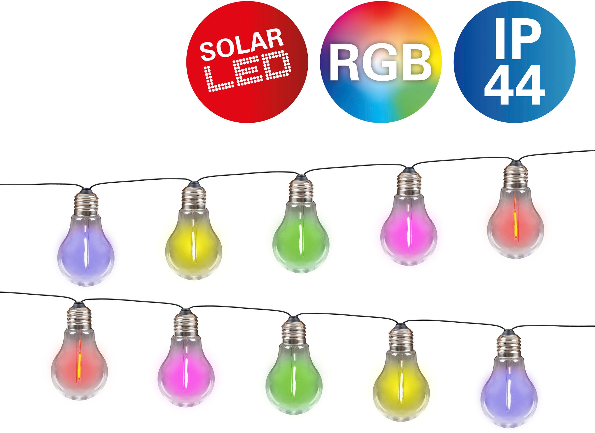 NÄVE LED-Lichterkette "Linda", Dioden 10 Stk. Flammen 10 Stk., Kabellänge 1,8m x Gesamtlänge 3,7m, bunt, Lichterketten, Solar, 10 Glühbirnen klar,