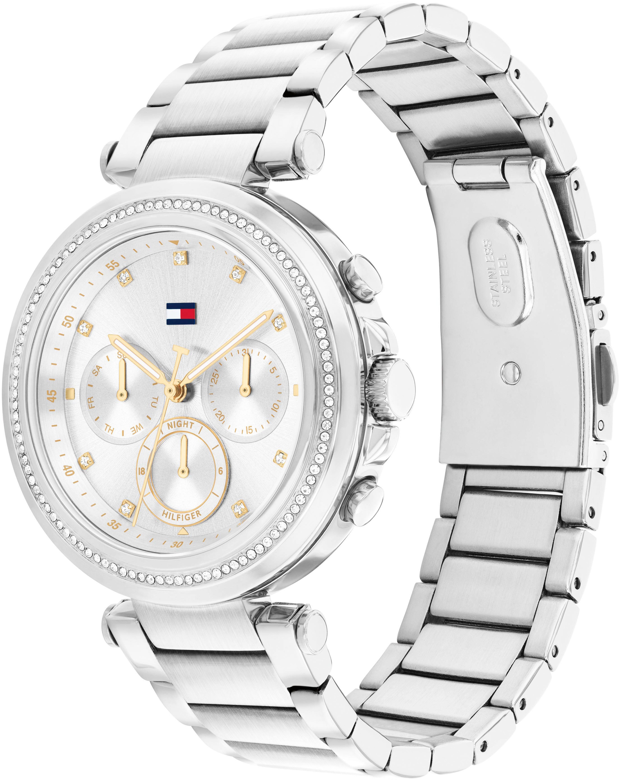 Tommy Hilfiger Multifunktionsuhr »EMILY«, Quarzuhr, Armbanduhr, Damen, Datum, Glaskristalle, Edelstahlarmband