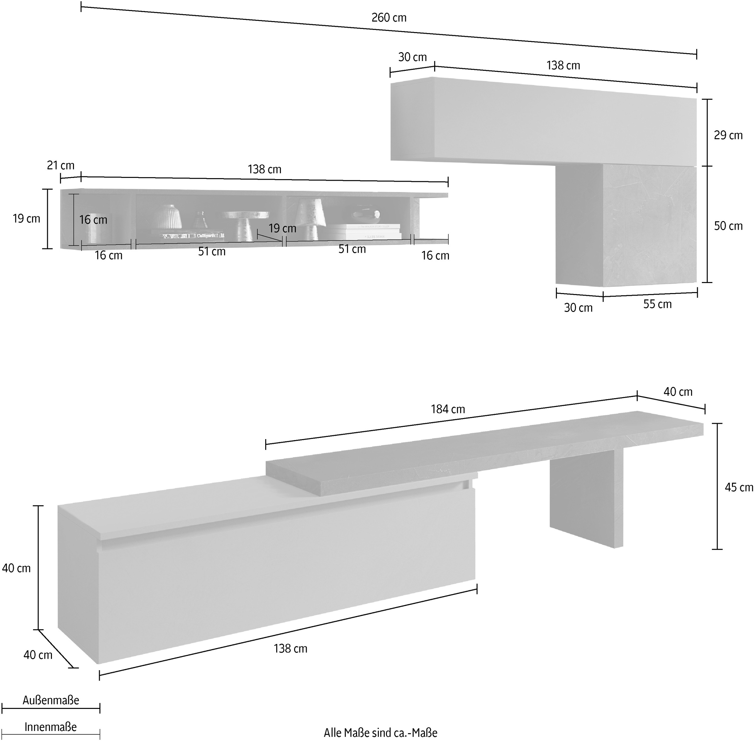 INOSIGN Wohnwand »INFINITY, 5tlg. Breite 260 cm, Höhe variabel, Schrankwand, Anbauwand«, (Lowboard, T-Boden, Hängeschrank, Hängewürfel, Wandregal)