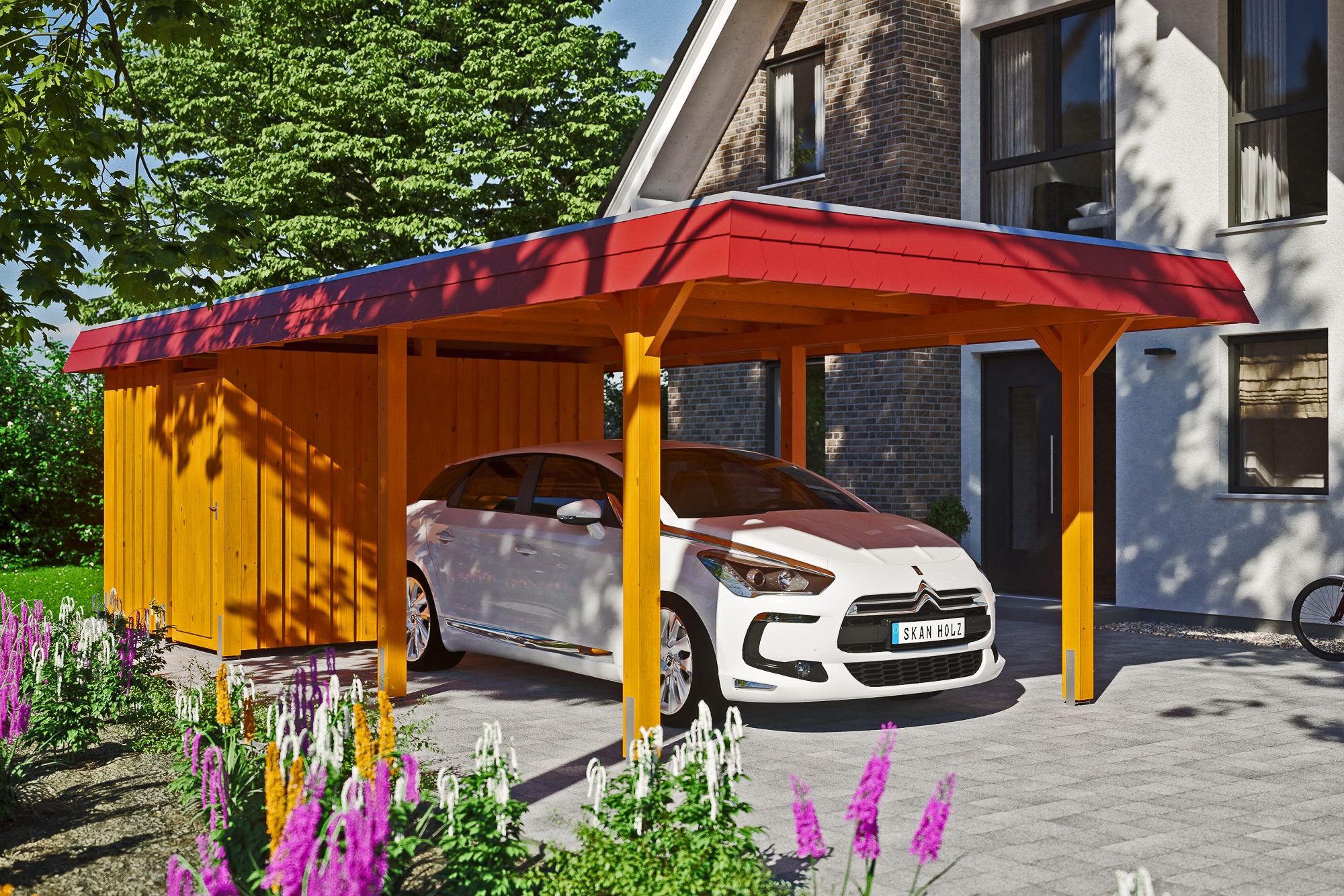Skanholz Einzelcarport »Wendland«, Leimholz-Fichte, 291 cm, Eiche hell, mit Abstellraum mit EPDM-Dach, rote Blende