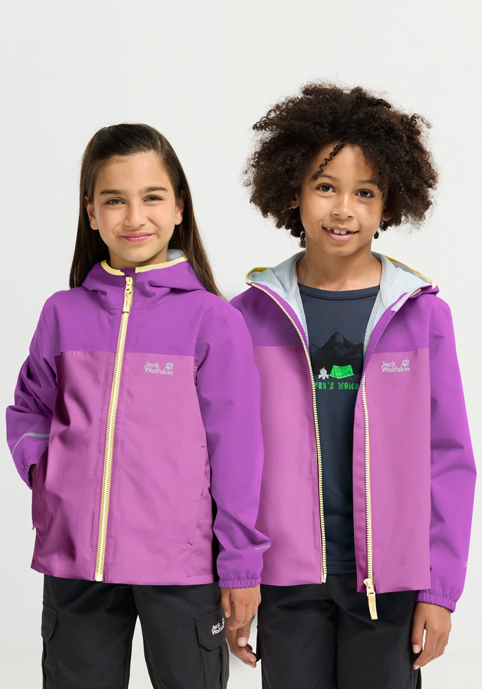 Regenjacke JACK WOLFSKIN "ADVENTURETRIBE 2L JKT K", Kinder, Gr. 140, foxglove, Obermaterial: 100% Polyester. Futter: 100% Polyester, normal, Jacken Regenjacke, Wasserdicht, atmungsaktiv, Übergangsjacke 2