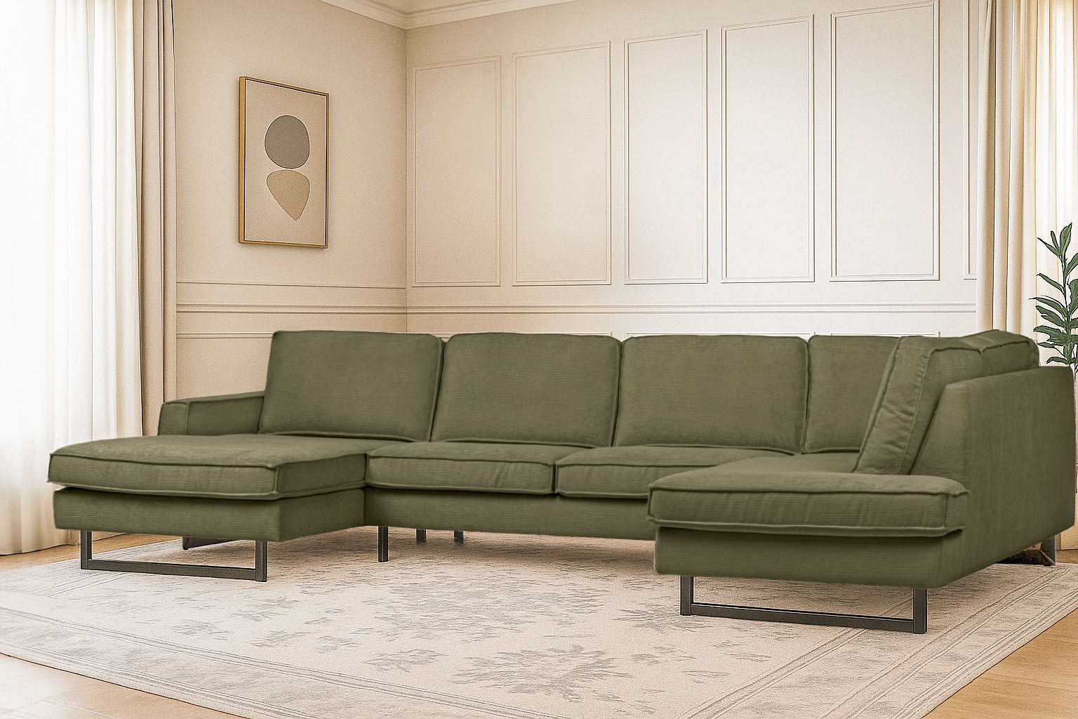 OTTO home Wohnlandschaft "Pinto, 350 cm, U-Form, XXL, mit Ottomanen" Cord, Chenille, Lederoptik, mit Keder, Metallfüße, Wellenunterfederung