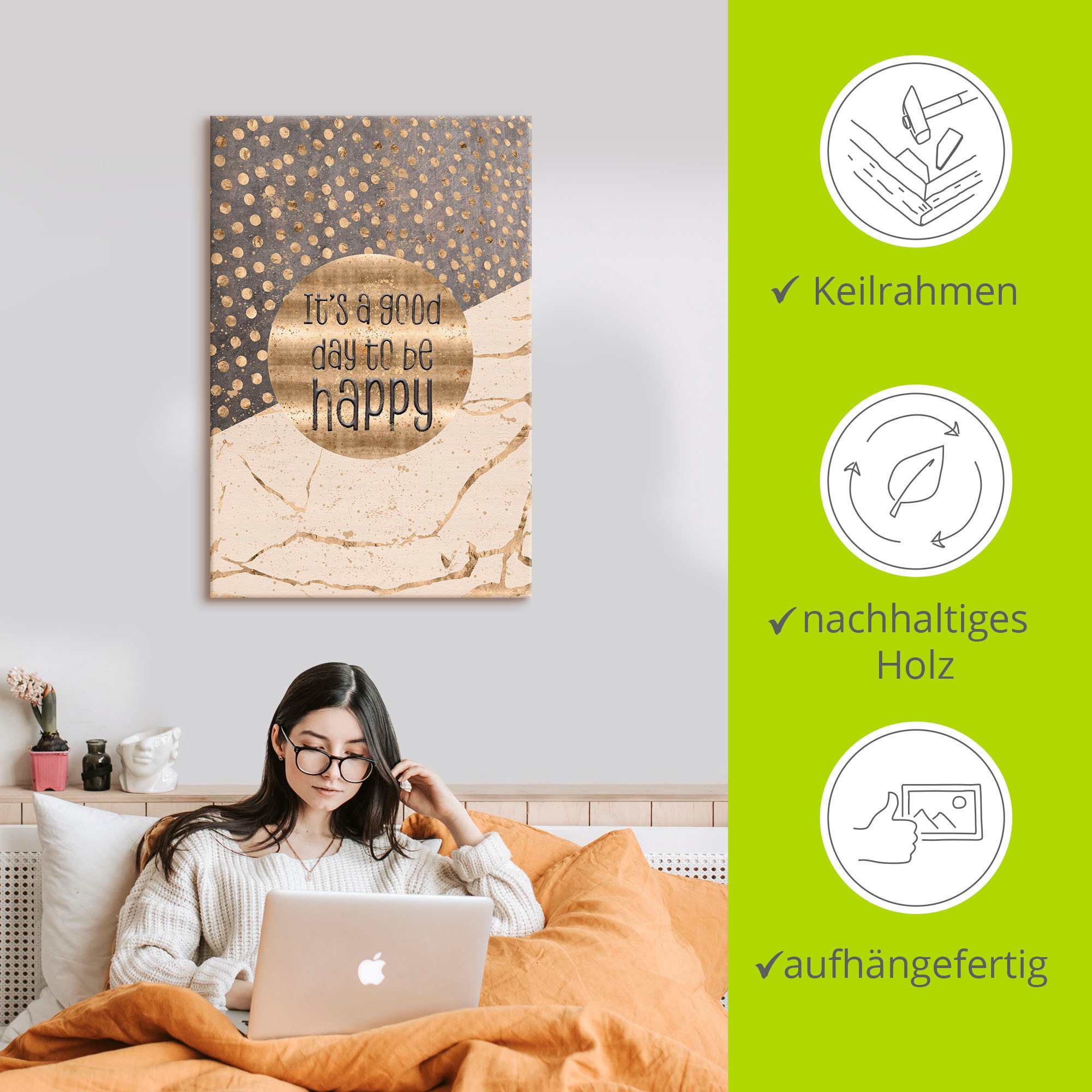 Artland Wandbild »Ein guter Tag um glücklich zu sein«, Sprüche & Texte, (1 St.), als Alubild, Outdoorbild, Leinwandbild, Poster, Wandaufkleber