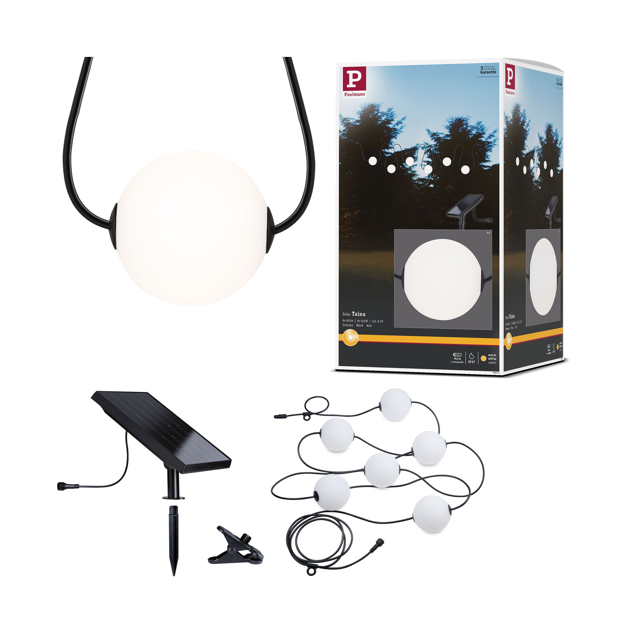 Paulmann LED-Lichterkette »Naima IP67 3000K 5,8m 6x60lm Schwarz« 6 Stk.-flammig spritzwassergeschützt