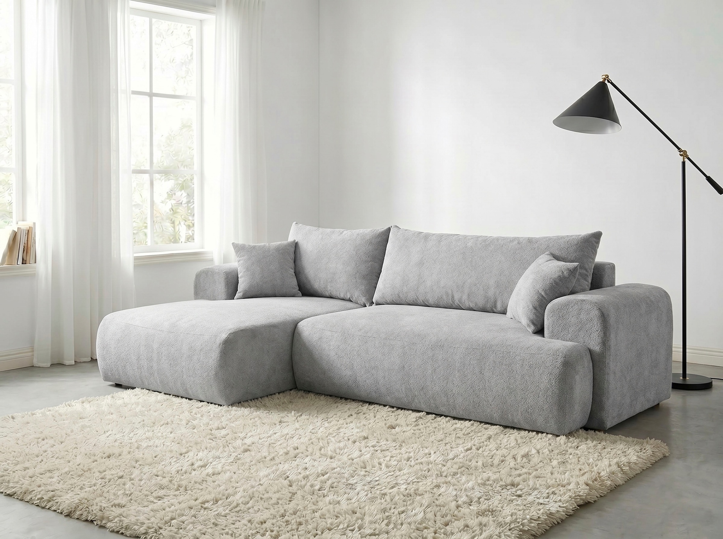WERK2 Ecksofa "Ewela 265 x 145 cm modern und bequem" Bouclé, L-Form, Schlaffunktion, Bettkasten