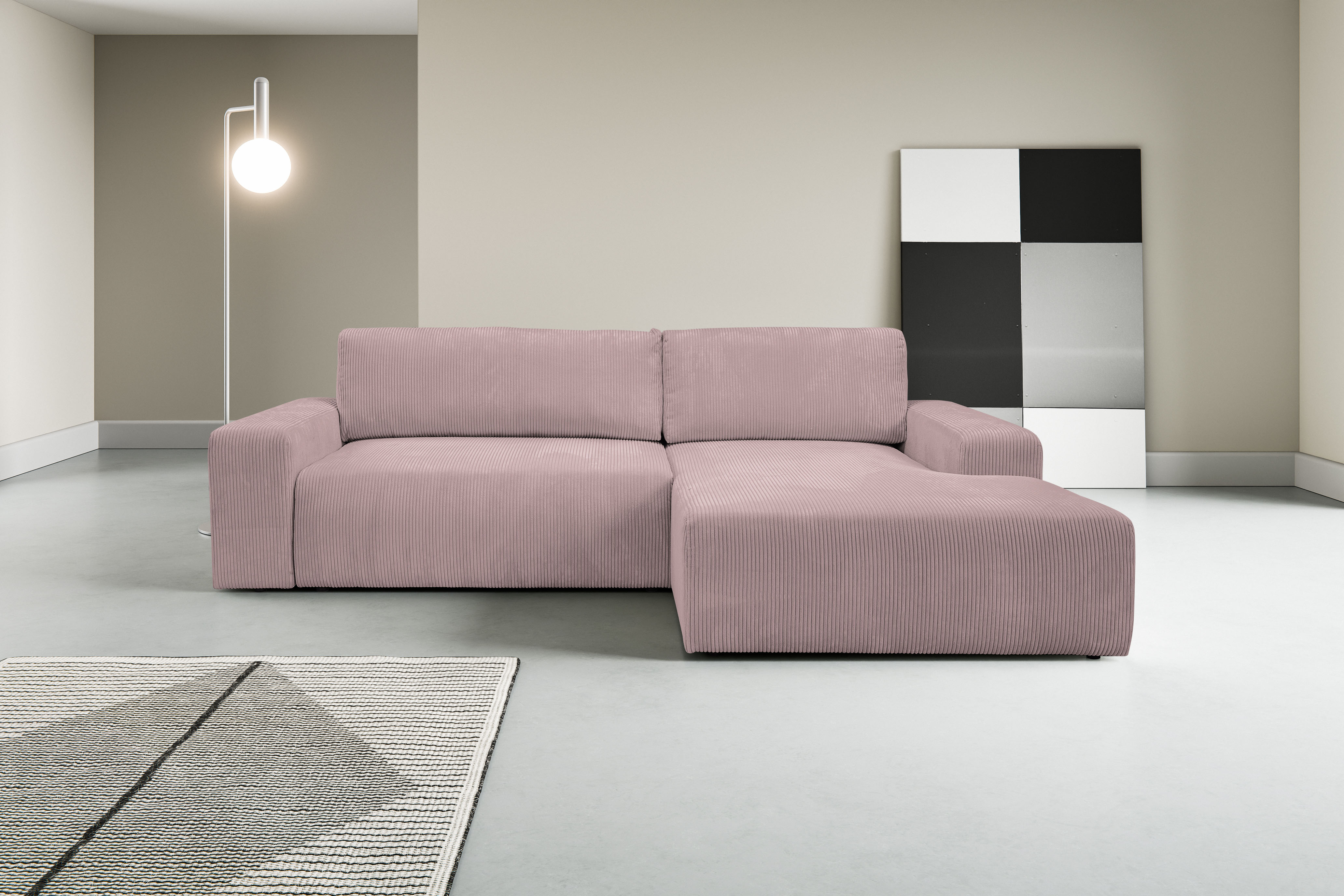 WERK2 Ecksofa "Rotterdam-L 267 x 165 cm modern und bequem" Cord, L-Form, Schlaffunktion, Bettkasten