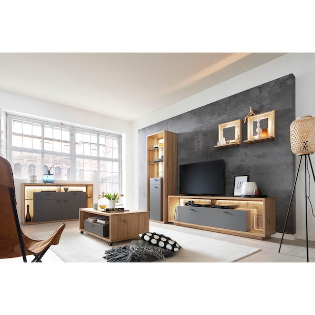 | Sideboard BAUR mit Beleuchtung furniture Wohnzimmerschrank MCA mit 3-D Rückwand, »Lizzano«, wahlweise
