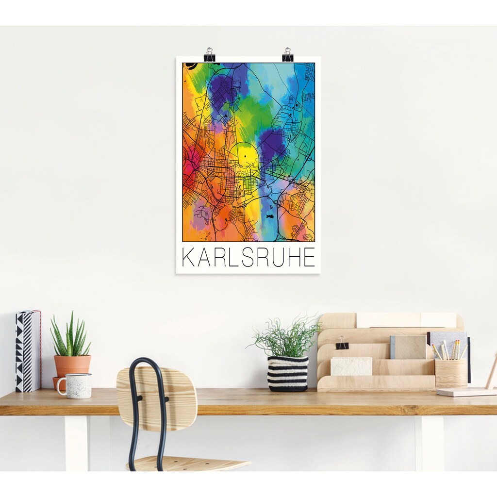 Artland Wandbild »Retro Karte Karlsruhe Aquarell«, Deutschland, (1 St.)