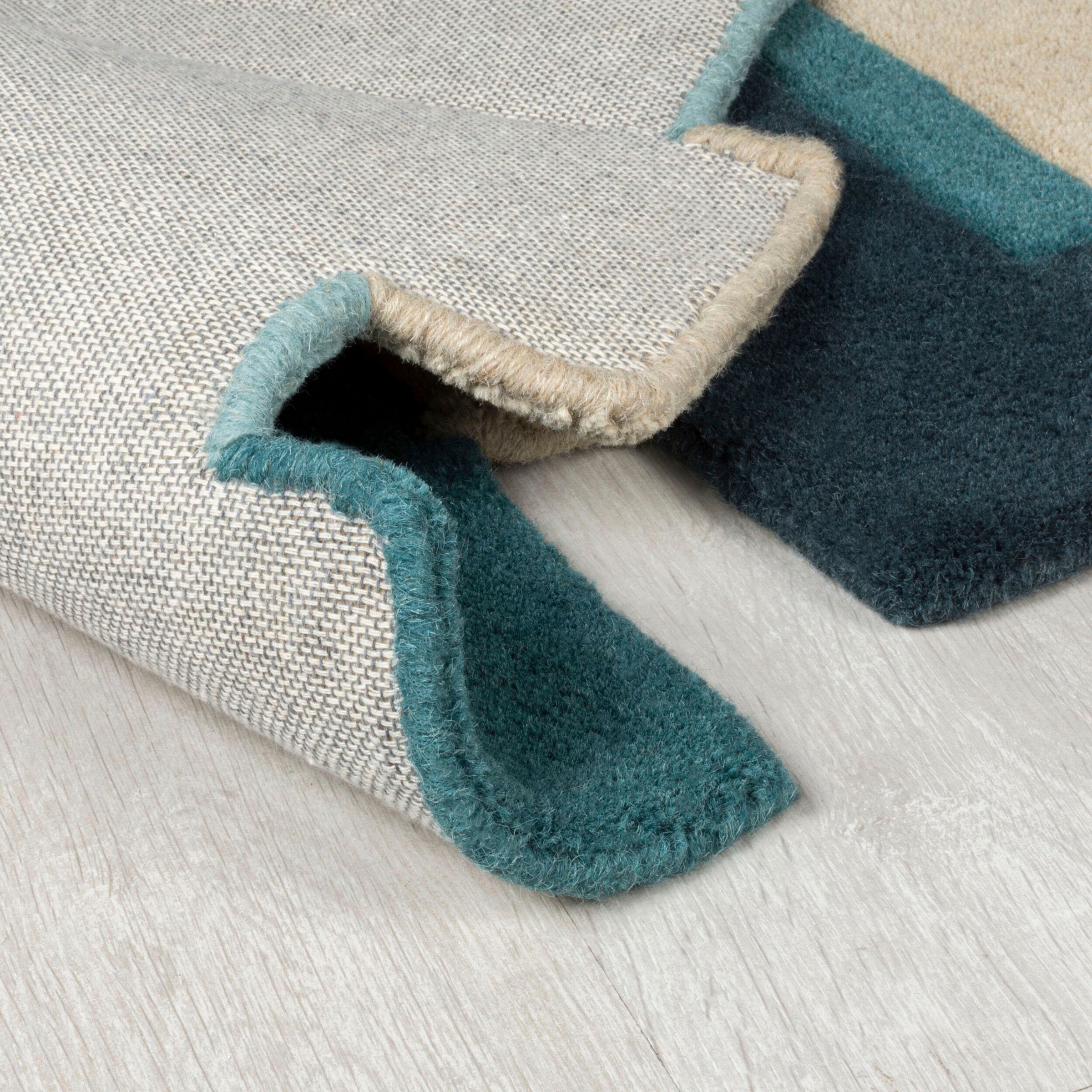 Wollteppich FLAIR RUGS "Abstract Collage, 100% Wolle", blau (aquablau), B:120cm H:11mm L:180cm, Wolle, Teppiche, Karo Design, Patchwork, modern, mehrfarbig, Wohnzimmer, Schlafzimmer 2