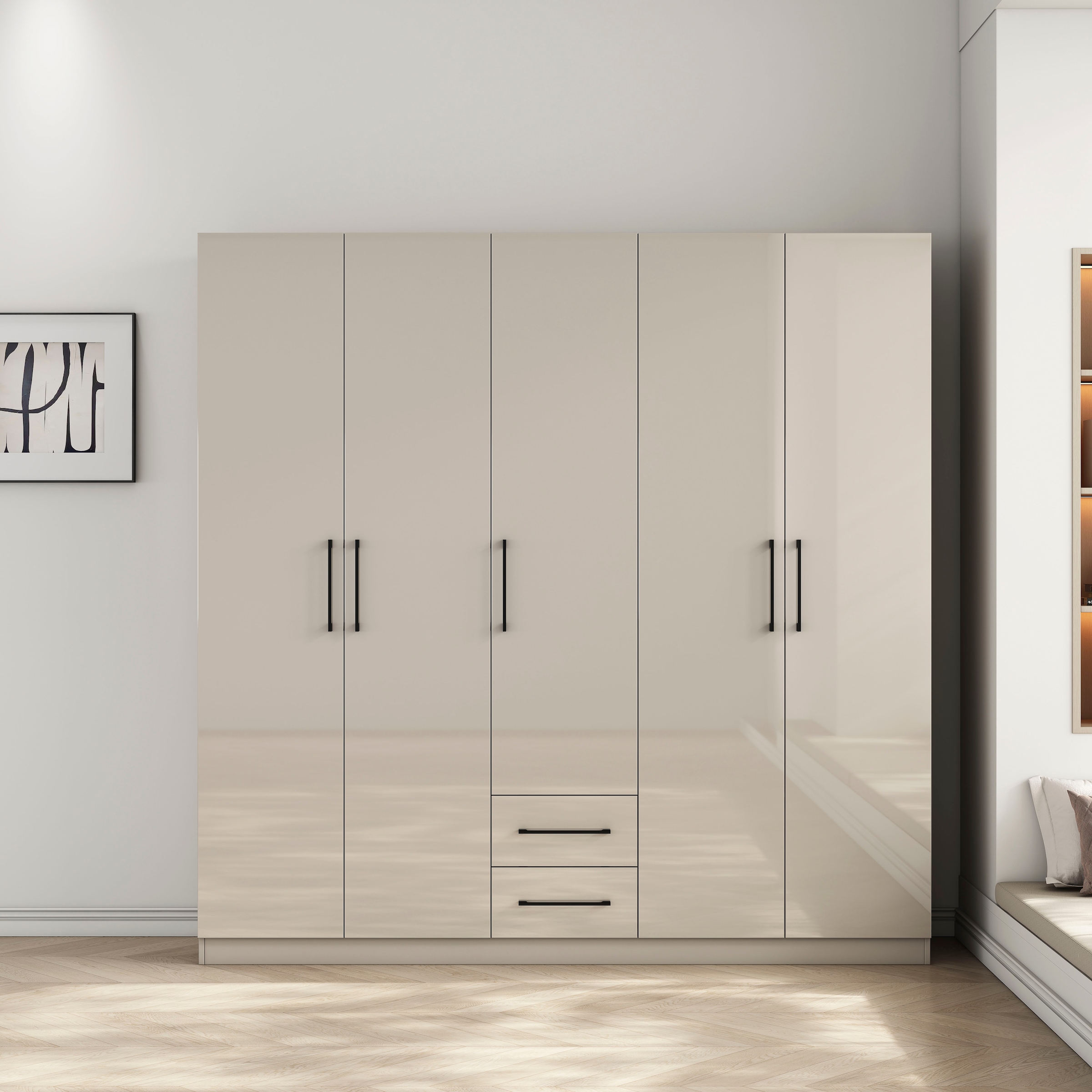 OTTO home Kleiderschrank »Sylt Schlafzimmerschrank Garderobe Schrank TOPSELLER in hochglanz weiß« 5 Türen, 2 Schubladen, schwarze moderne Griffe, 7 Einlegeböden,  Drehtürenschrank mit perfekter Innenausstattung, Breite 200cm