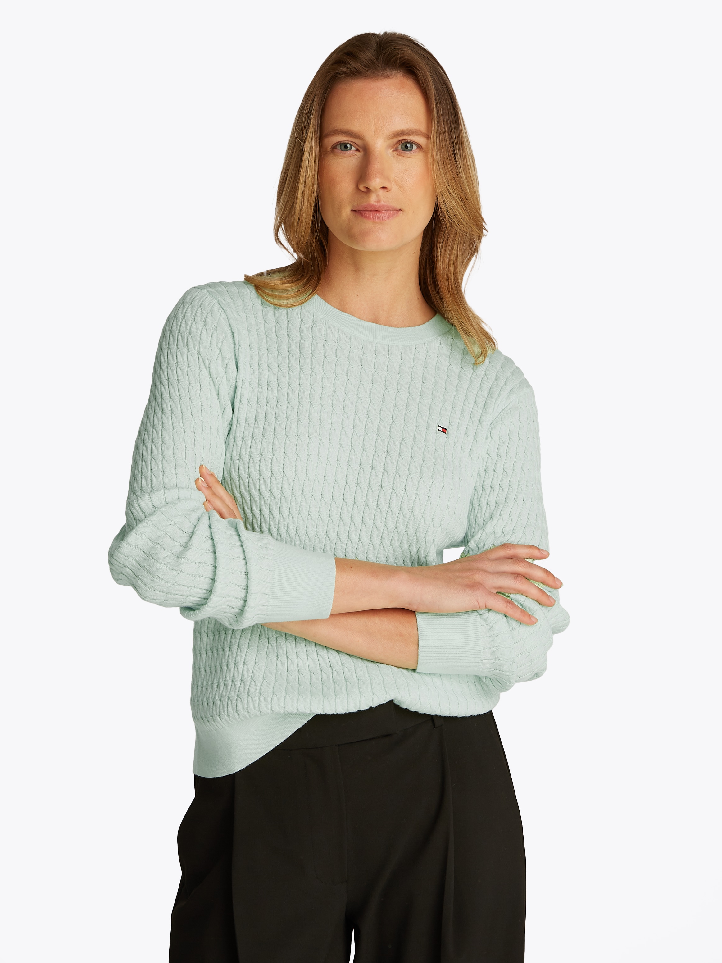 TOMMY HILFIGER Rundhalspullover »CO CABLE C-NK LS SWEATER«, mit Zopfmuster