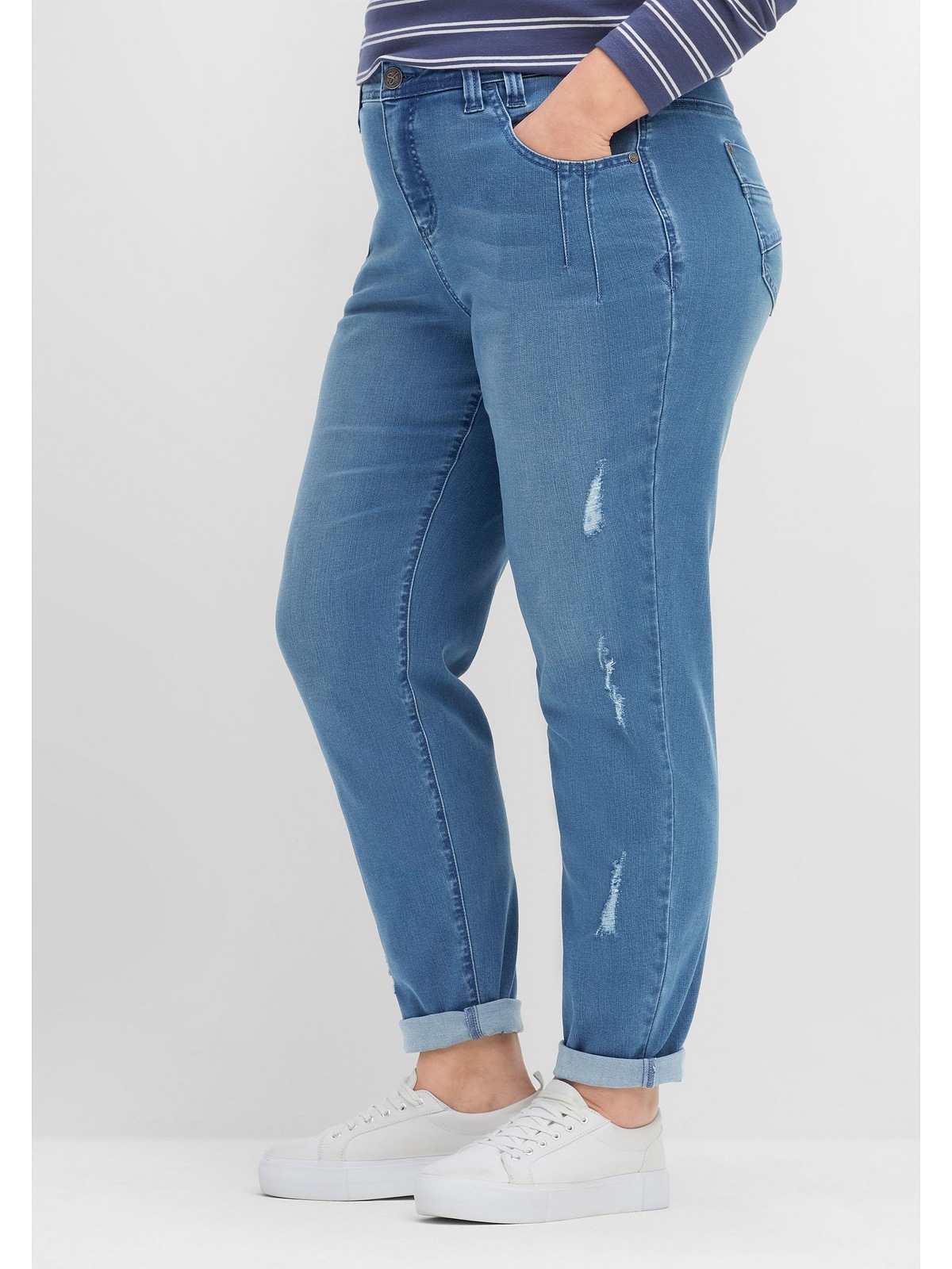 Sheego Girlfriend-Jeans »Große Größen«, mit Destroyed-Effekt, Teilgummibund